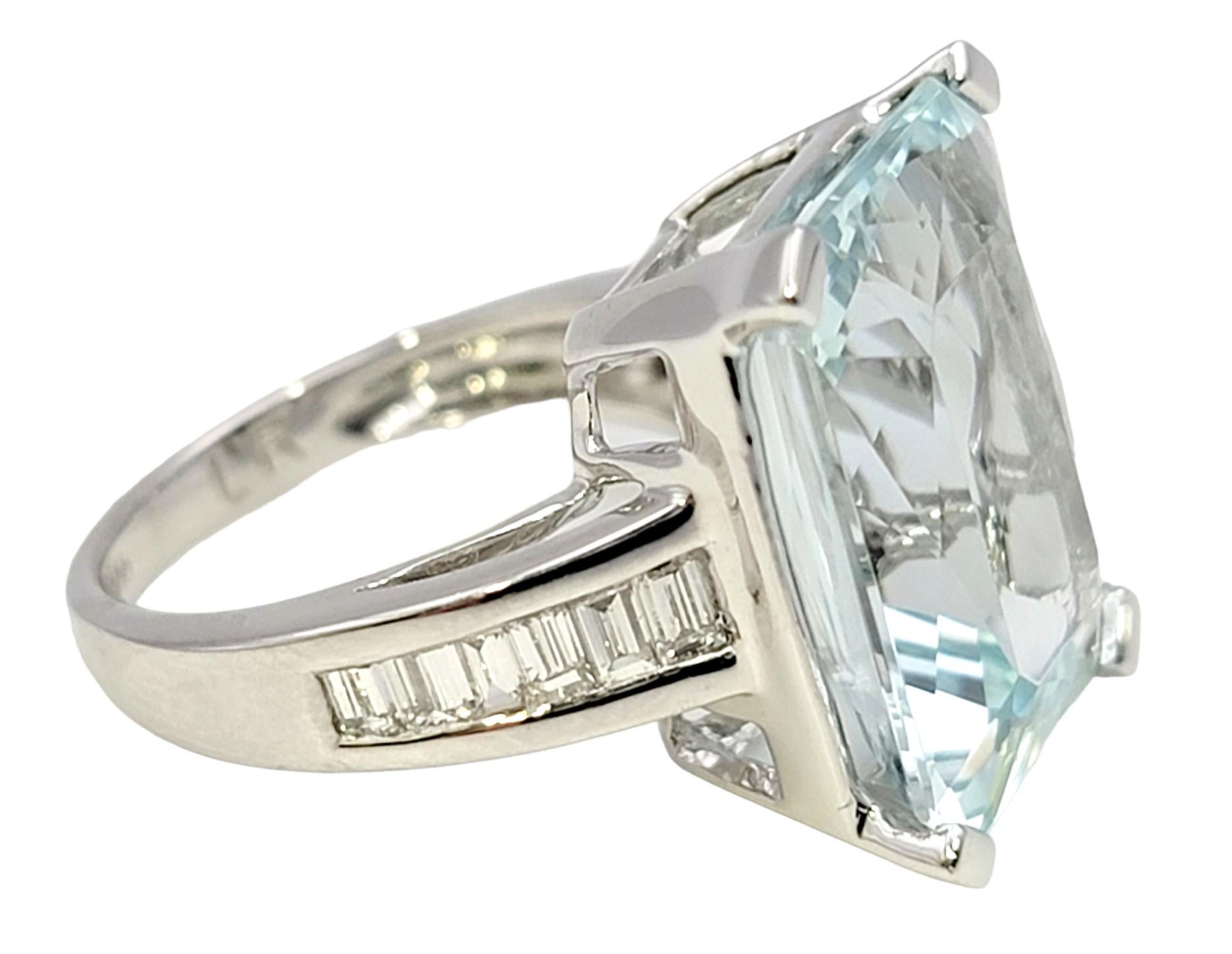 Emerald Cut Rectangular Cut Aquamarine and Baguette Diamond Cocktail Ring in Platinum For Sale