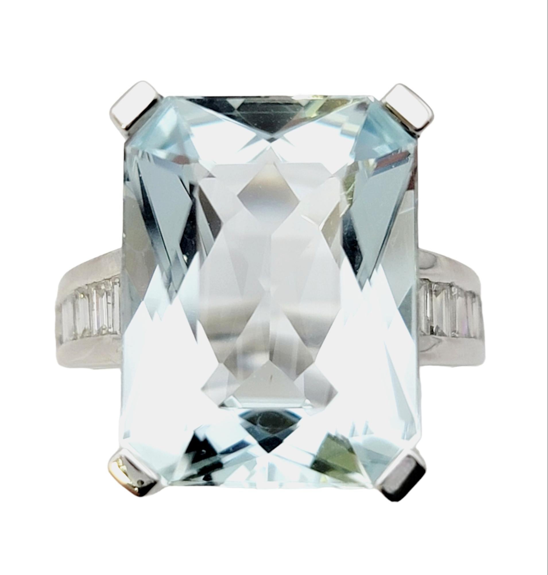 Rectangular Cut Aquamarine and Baguette Diamond Cocktail Ring in Platinum For Sale 1