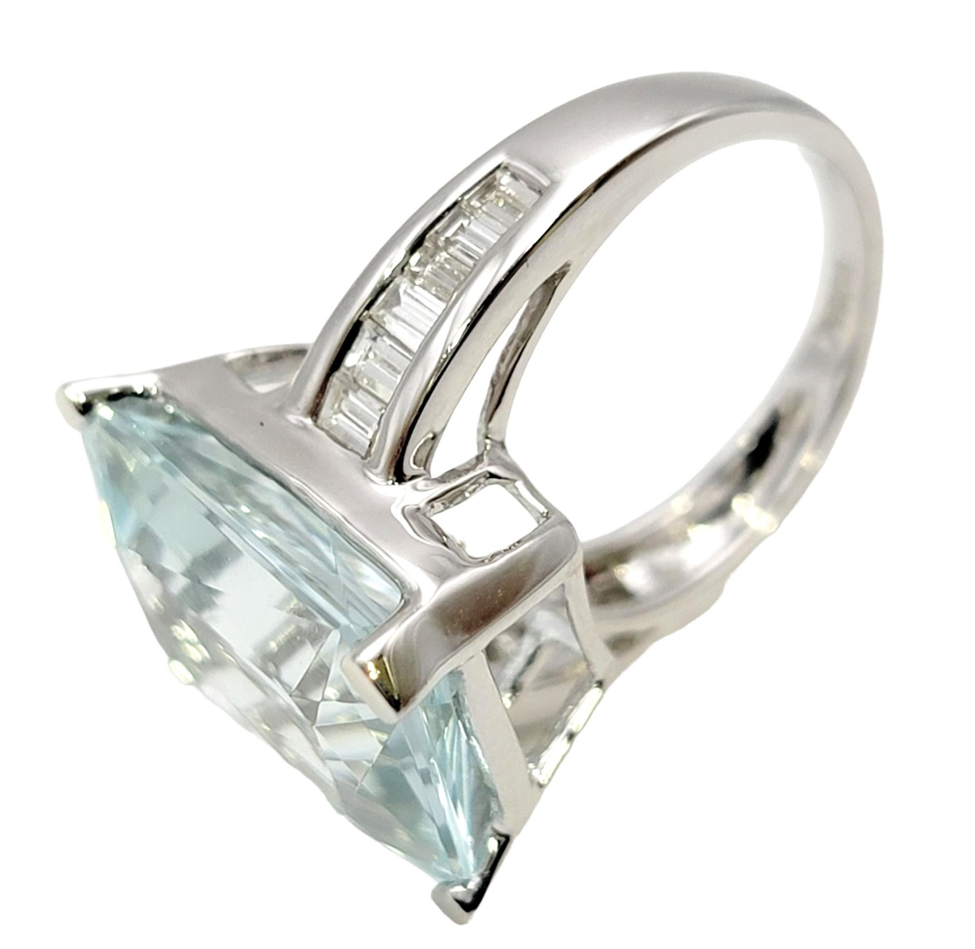 Rectangular Cut Aquamarine and Baguette Diamond Cocktail Ring in Platinum For Sale 3