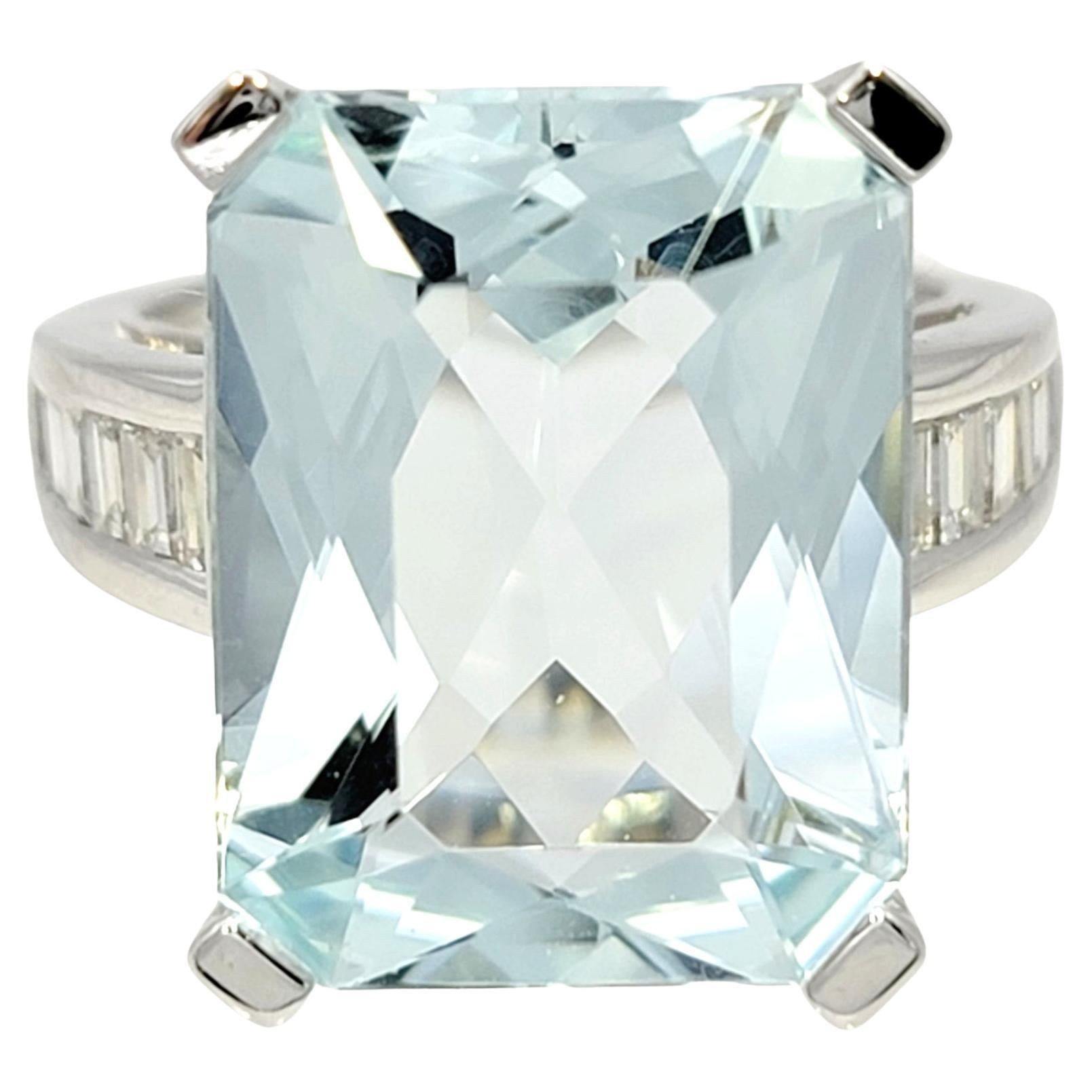 Rectangular Cut Aquamarine and Baguette Diamond Cocktail Ring in Platinum For Sale