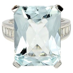 Rectangular Cut Aquamarine and Baguette Diamond Cocktail Ring in Platinum