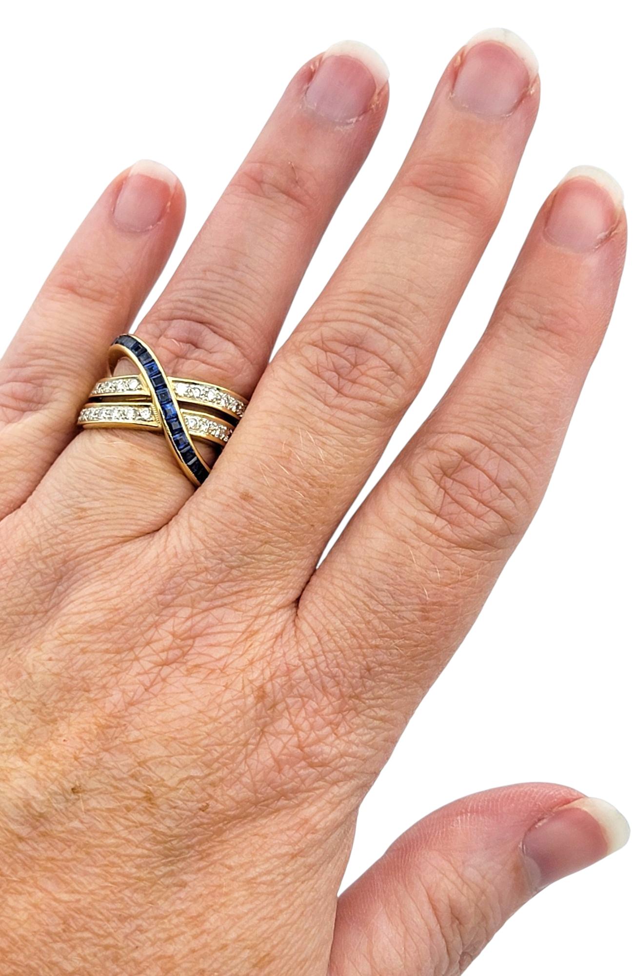 Rectangular Cut Blue Sapphire and Pavé Diamond Crossover Band Ring 18 Karat Gold For Sale 4