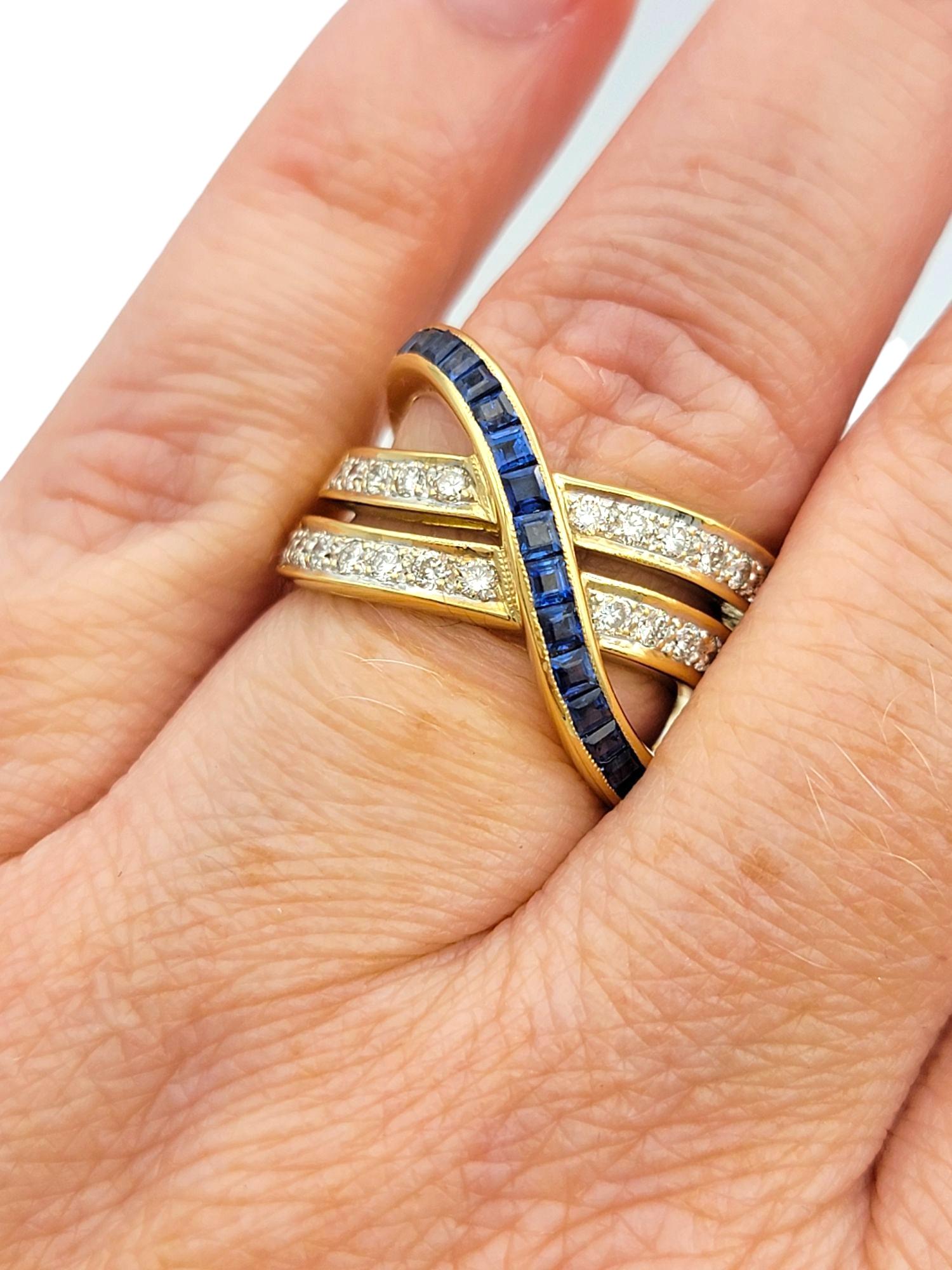 Rectangular Cut Blue Sapphire and Pavé Diamond Crossover Band Ring 18 Karat Gold For Sale 5