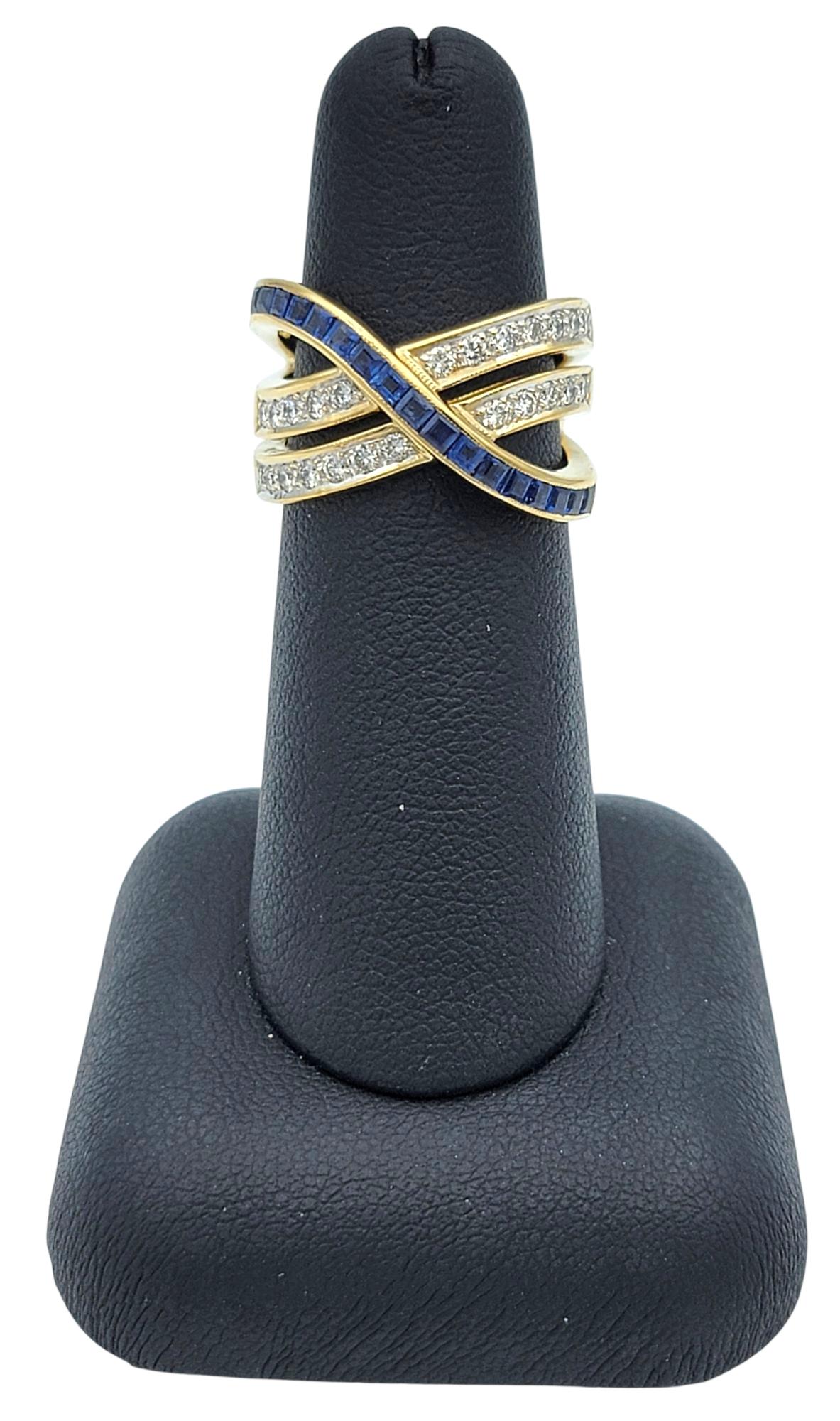 Rectangular Cut Blue Sapphire and Pavé Diamond Crossover Band Ring 18 Karat Gold For Sale 6
