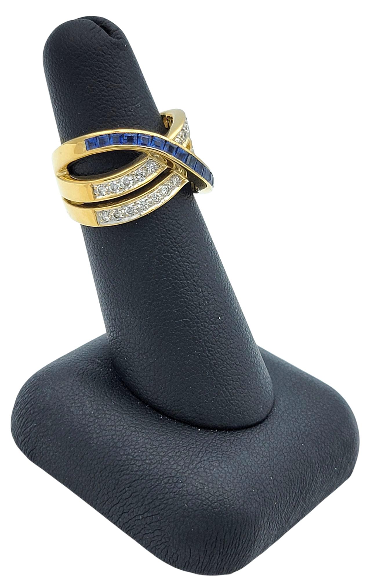 Rectangular Cut Blue Sapphire and Pavé Diamond Crossover Band Ring 18 Karat Gold For Sale 7
