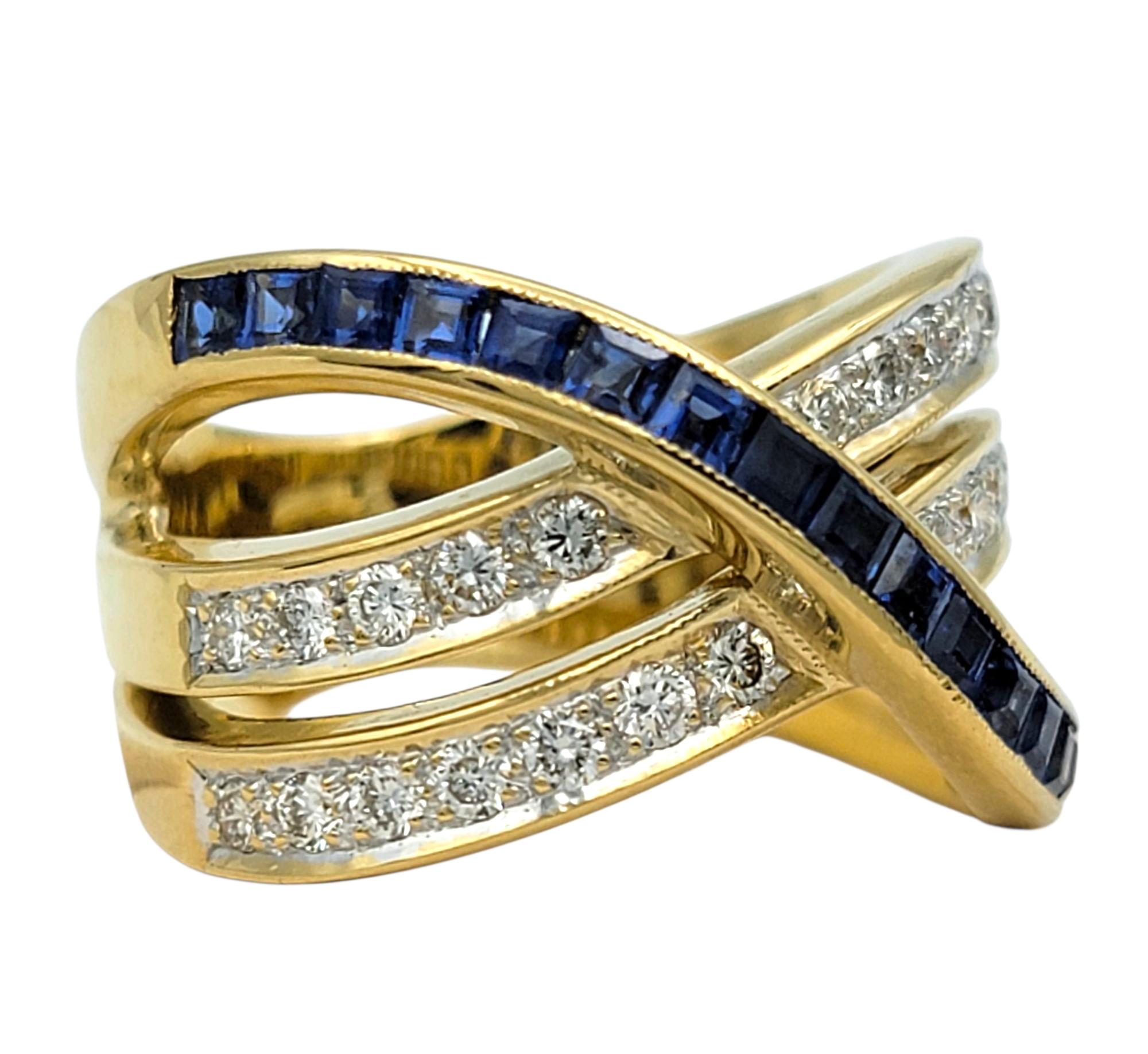 Contemporary Rectangular Cut Blue Sapphire and Pavé Diamond Crossover Band Ring 18 Karat Gold For Sale