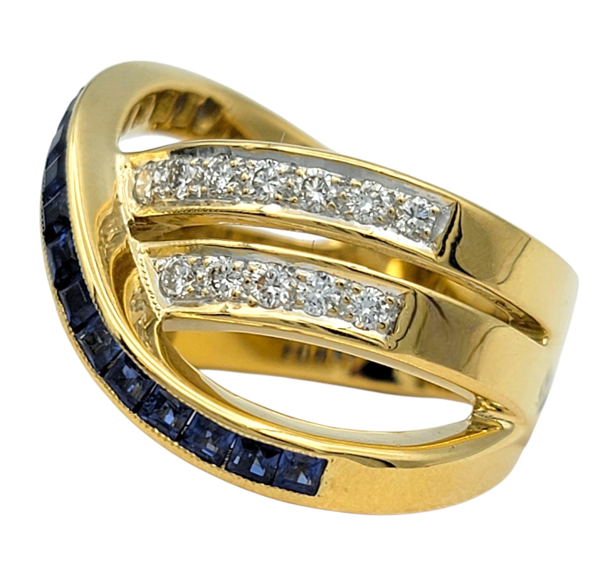 Round Cut Rectangular Cut Blue Sapphire and Pavé Diamond Crossover Band Ring 18 Karat Gold For Sale