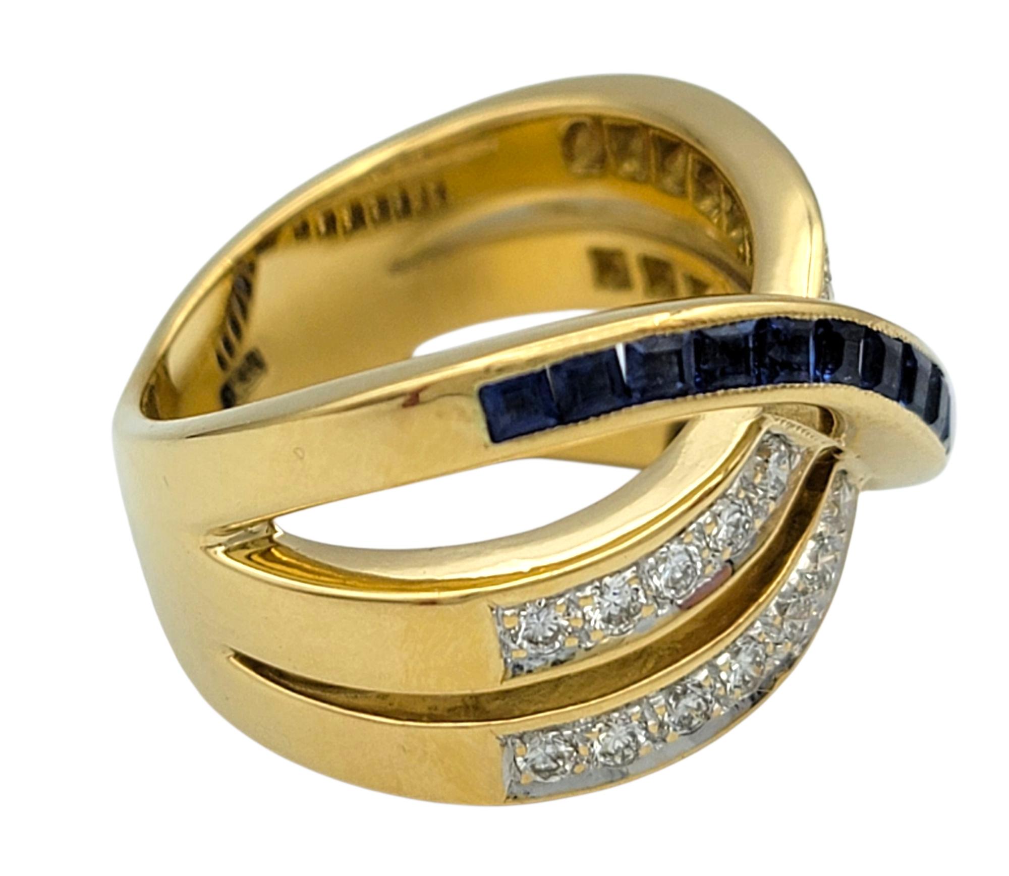 Rectangular Cut Blue Sapphire and Pavé Diamond Crossover Band Ring 18 Karat Gold In Good Condition For Sale In Scottsdale, AZ