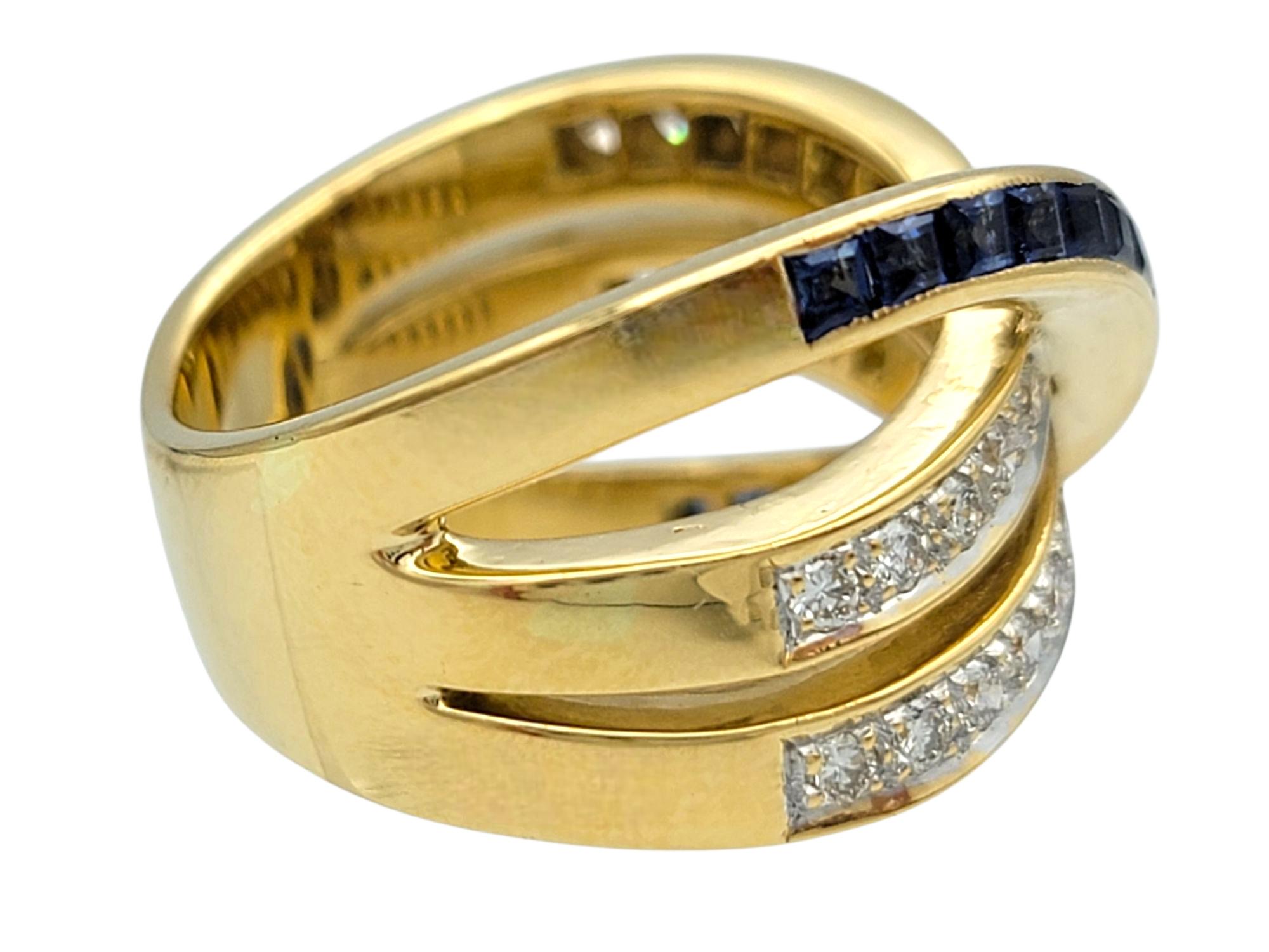 Rectangular Cut Blue Sapphire and Pavé Diamond Crossover Band Ring 18 Karat Gold For Sale 1