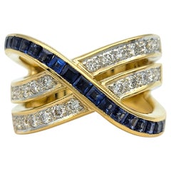 Rectangular Cut Blue Sapphire and Pavé Diamond Crossover Band Ring 18 Karat Gold