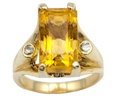 Rectangular Cut Citrine High Profile Cocktail Ring with Diamonds 14 Karat Gold