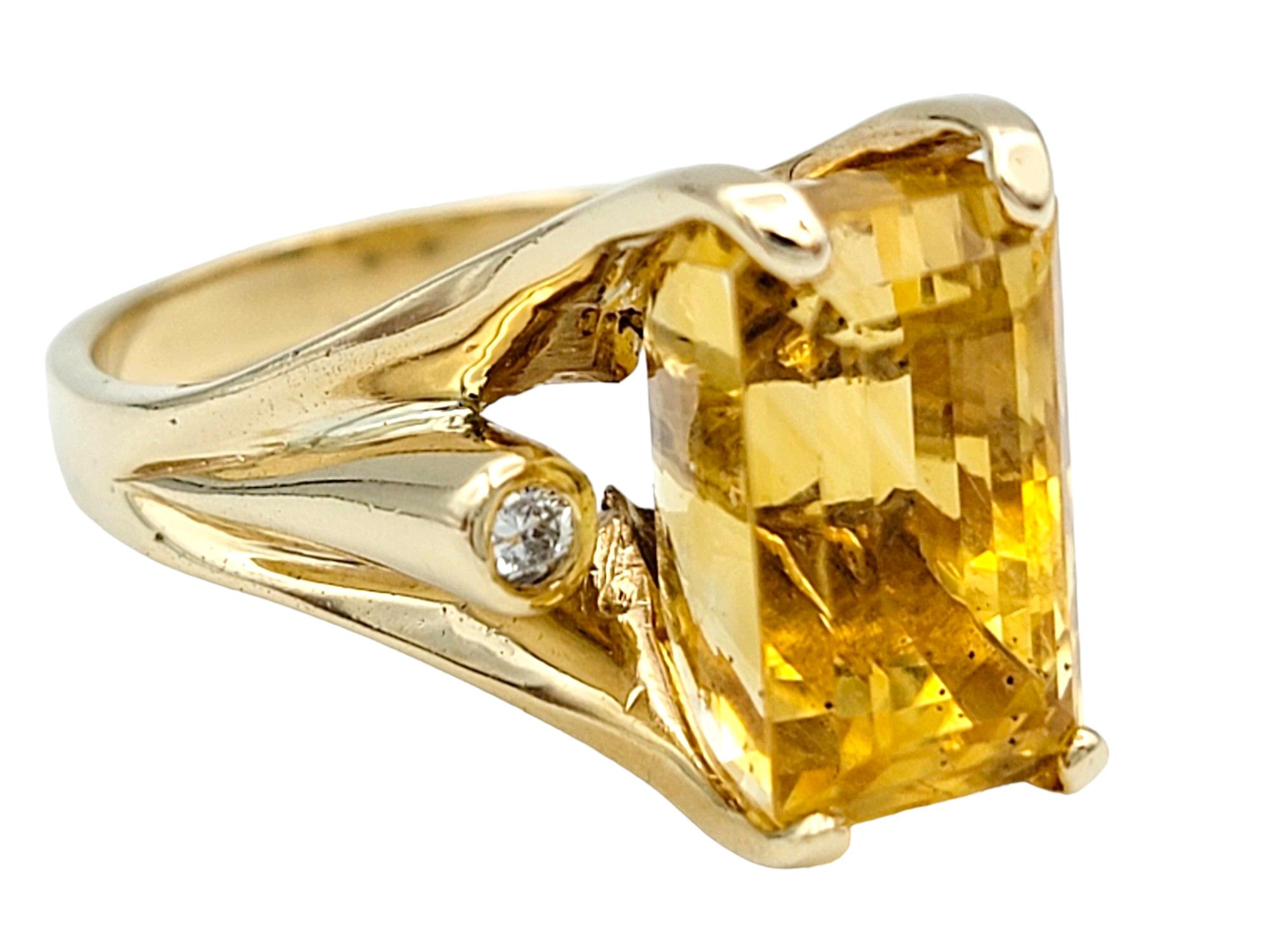Rectangular Cut Citrine High Profile 14 Karat Gold Cocktail Ring with Diamonds In Good Condition For Sale In Scottsdale, AZ