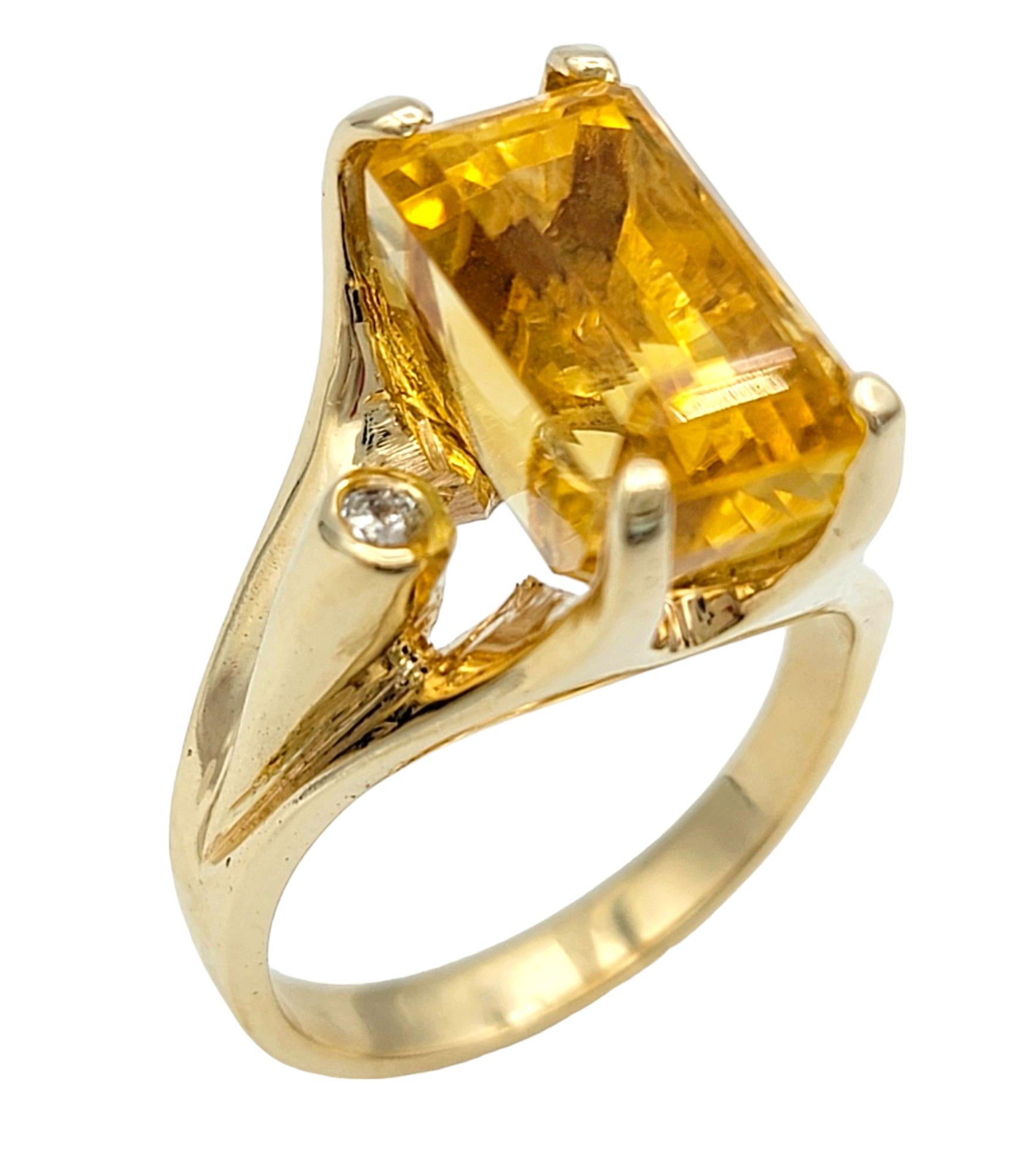 Contemporary Rectangular Cut Citrine High Profile 14 Karat Gold Cocktail Ring with Diamonds For Sale
