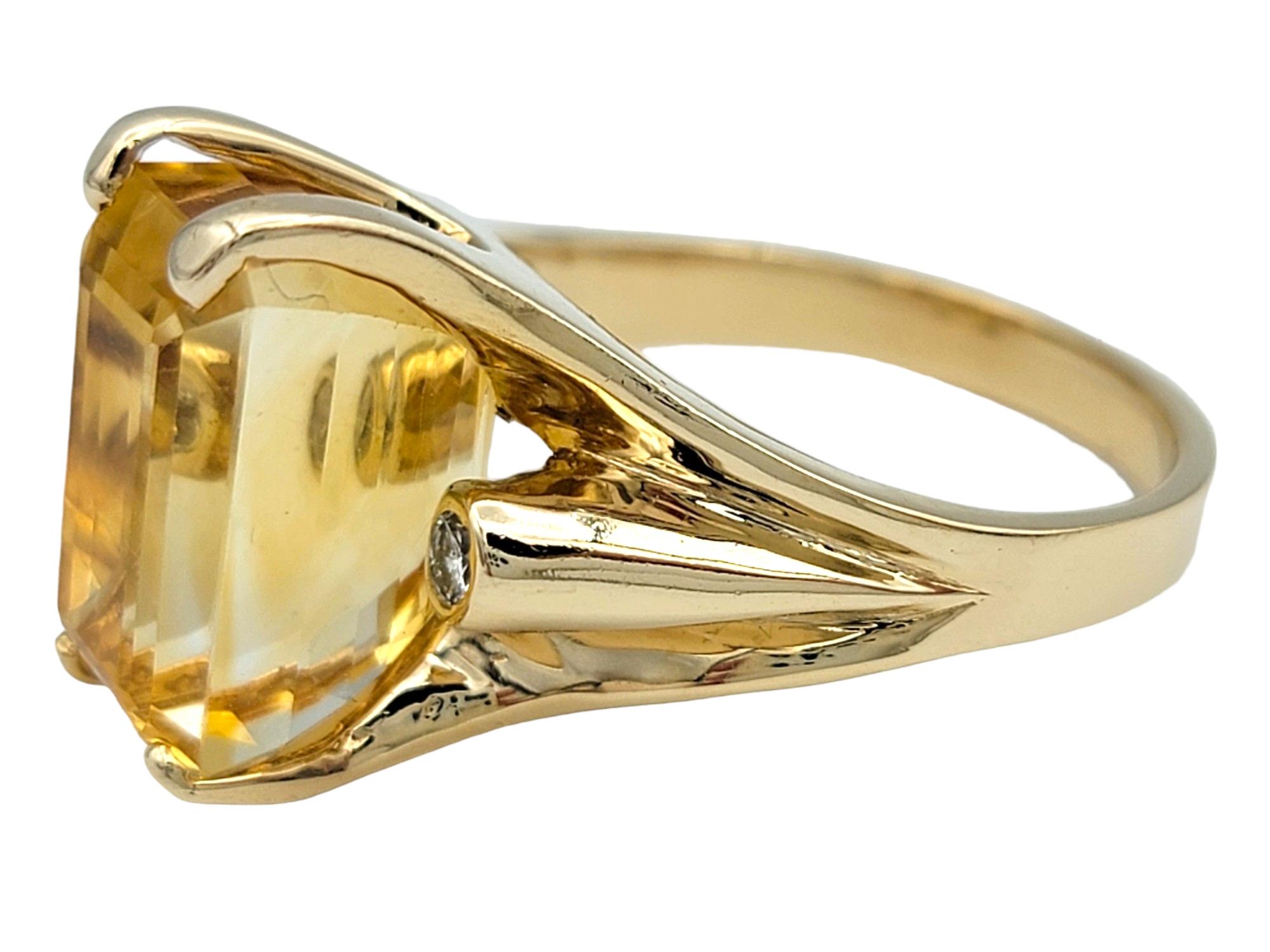Women's Rectangular Cut Citrine High Profile 14 Karat Gold Cocktail Ring with Diamonds For Sale