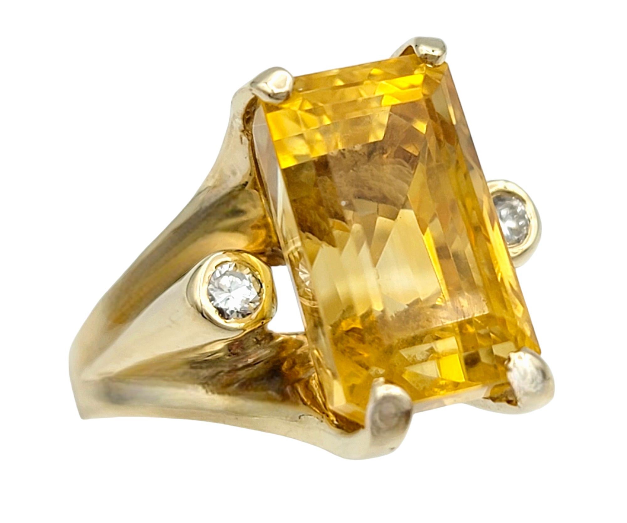 Emerald Cut Rectangular Cut Citrine High Profile 14 Karat Gold Cocktail Ring with Diamonds For Sale