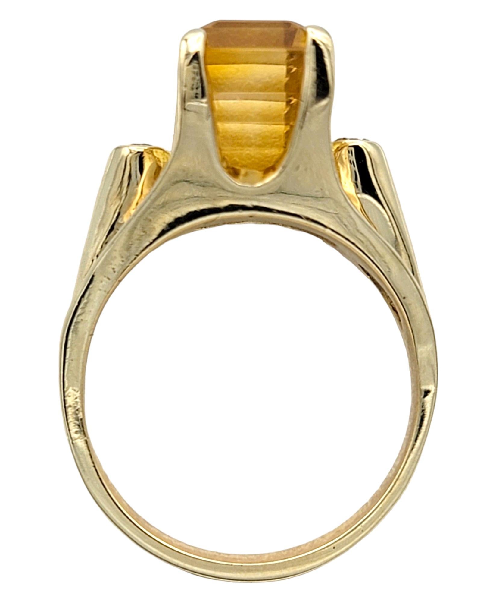 Rectangular Cut Citrine High Profile 14 Karat Gold Cocktail Ring with Diamonds For Sale 1