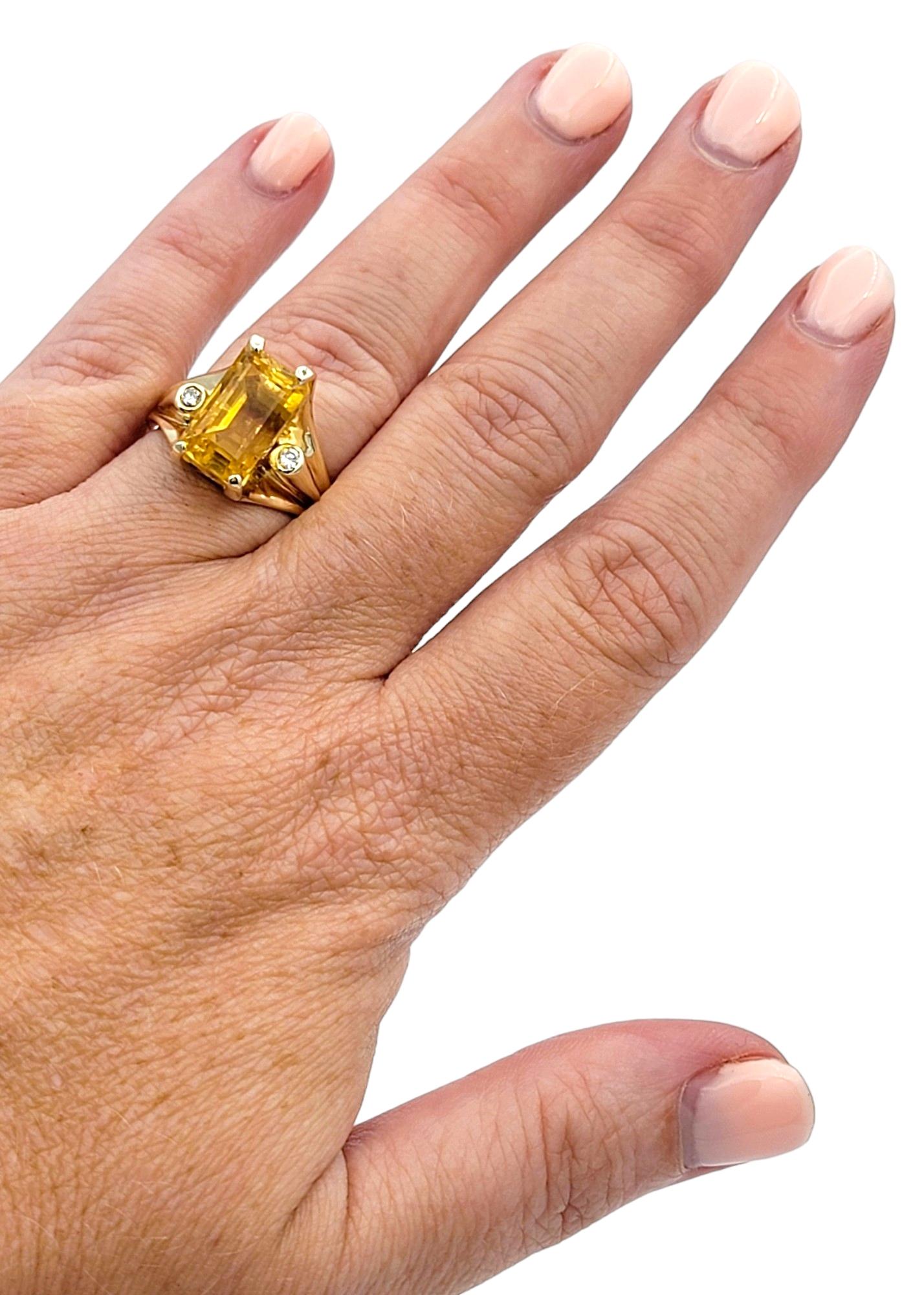 Rectangular Cut Citrine High Profile 14 Karat Gold Cocktail Ring with Diamonds For Sale 4