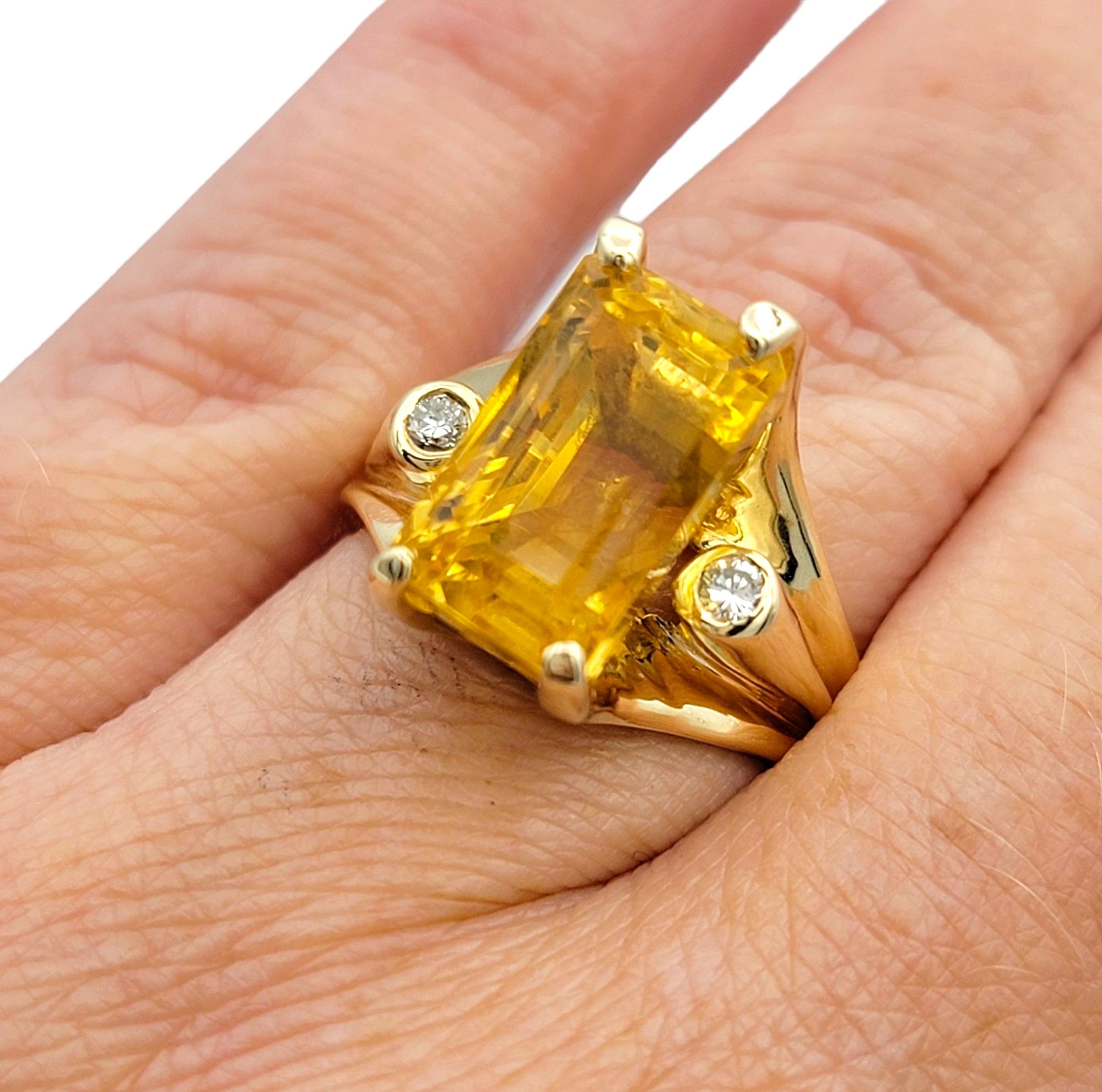 Rectangular Cut Citrine High Profile 14 Karat Gold Cocktail Ring with Diamonds For Sale 5