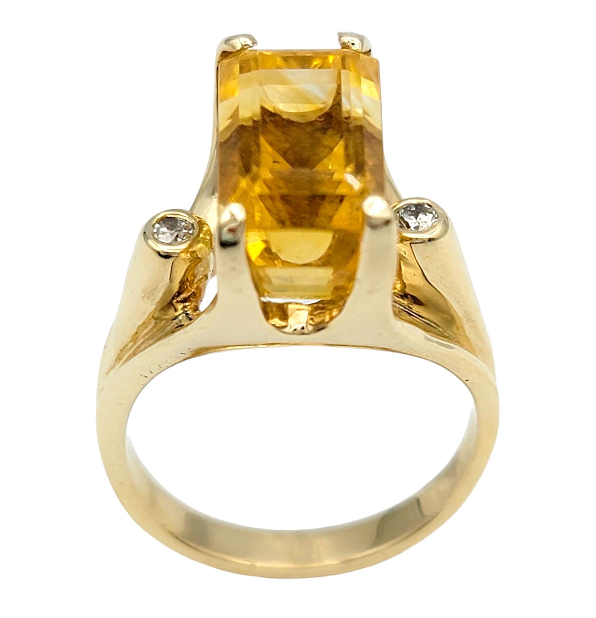 Rectangular Cut Citrine High Profile 14 Karat Gold Cocktail Ring with Diamonds For Sale 2