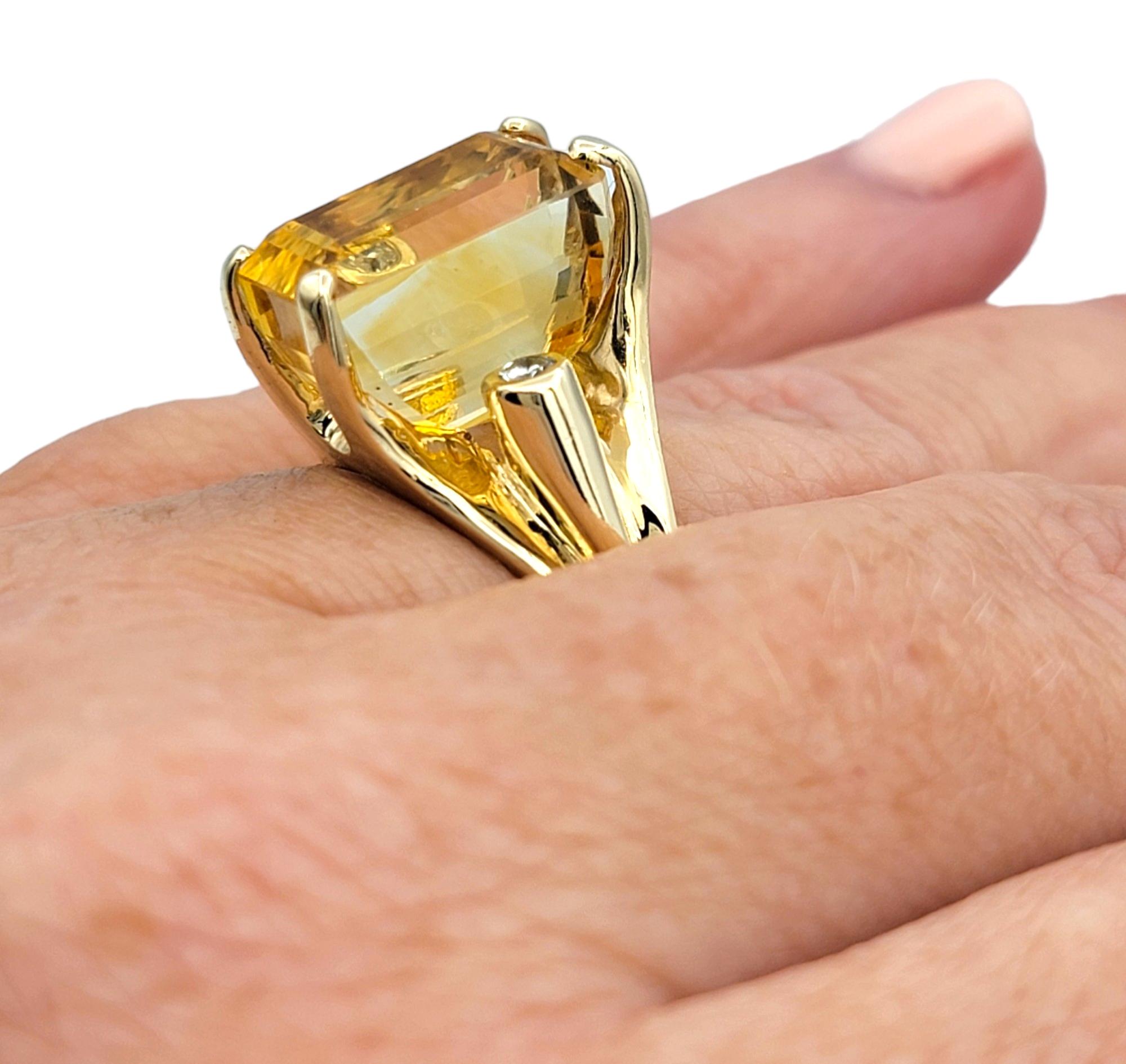 Rectangular Cut Citrine High Profile 14 Karat Gold Cocktail Ring with Diamonds For Sale 6
