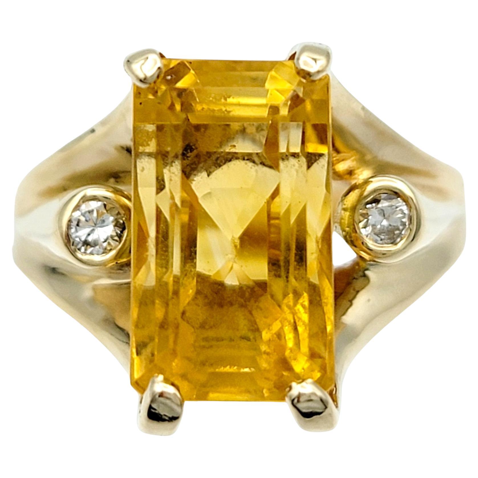 Rectangular Cut Citrine High Profile 14 Karat Gold Cocktail Ring with Diamonds