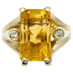 Rectangular Cut Citrine High Profile 14 Karat Gold Cocktail Ring with Diamonds