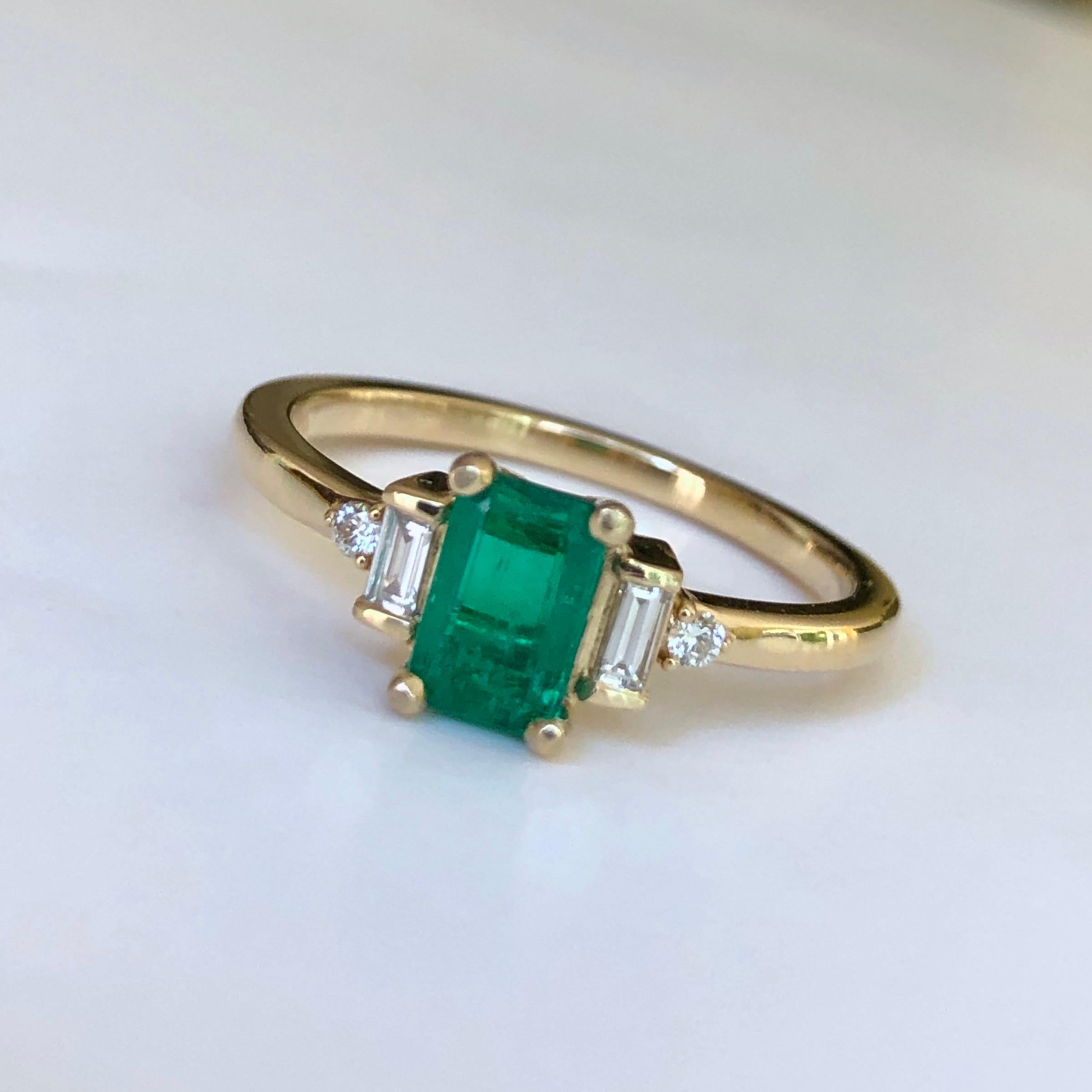 Emerald Cut Rectangular Cut Emerald and Diamond Ring Gold For Sale