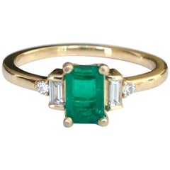Rectangular Cut Emerald and Diamond Ring Gold