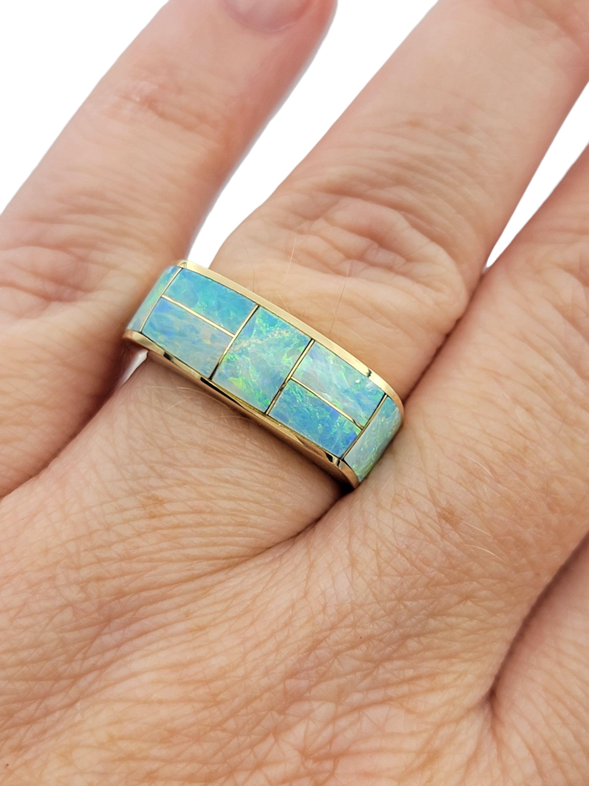 Rectangular Cut Opal Inlay Squared Band Ring in Polished 14 Karat Yellow Gold For Sale 4