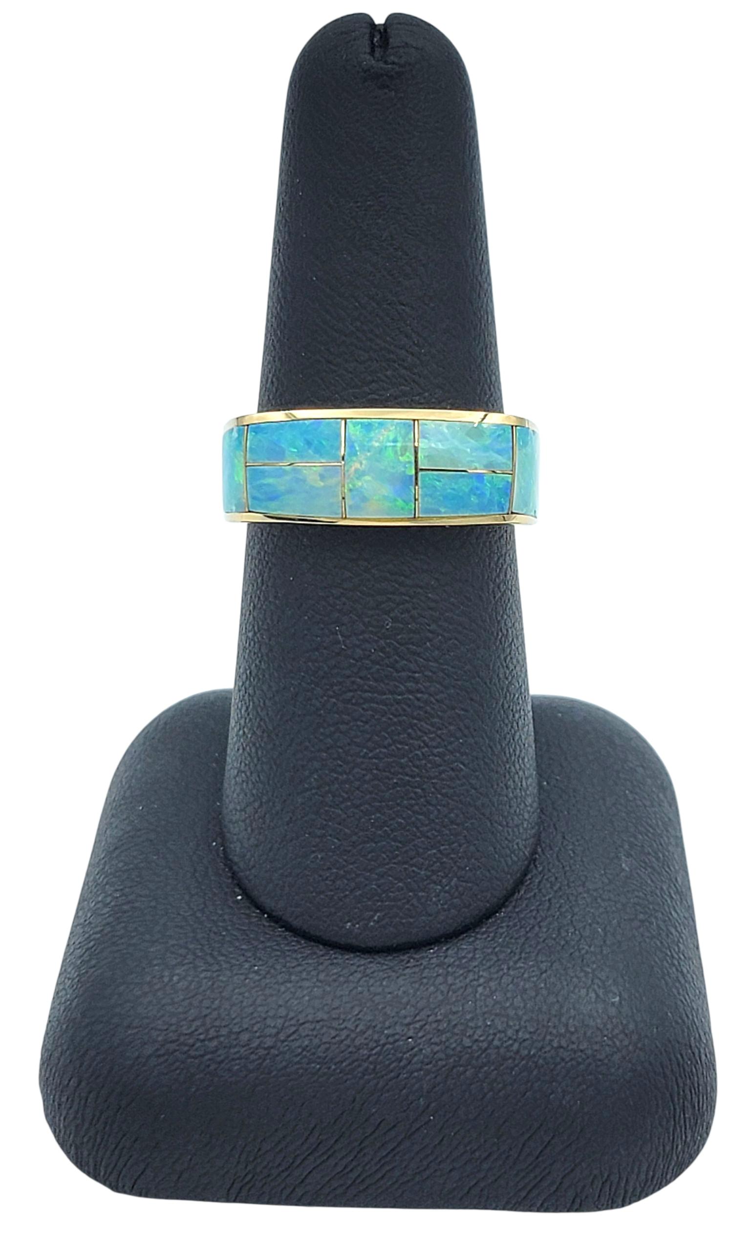 Rectangular Cut Opal Inlay Squared Band Ring in Polished 14 Karat Yellow Gold For Sale 5