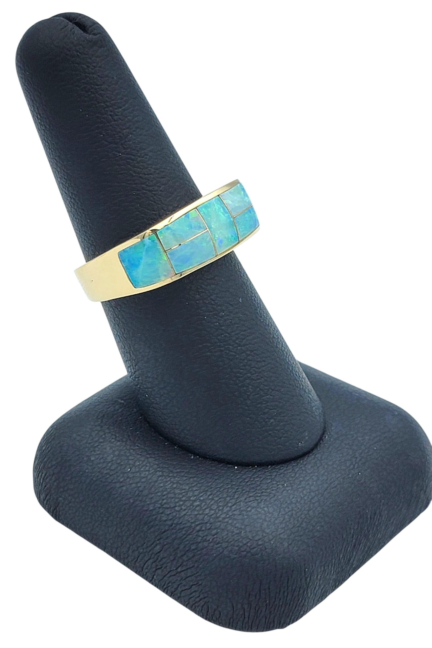 Rectangular Cut Opal Inlay Squared Band Ring in Polished 14 Karat Yellow Gold For Sale 6