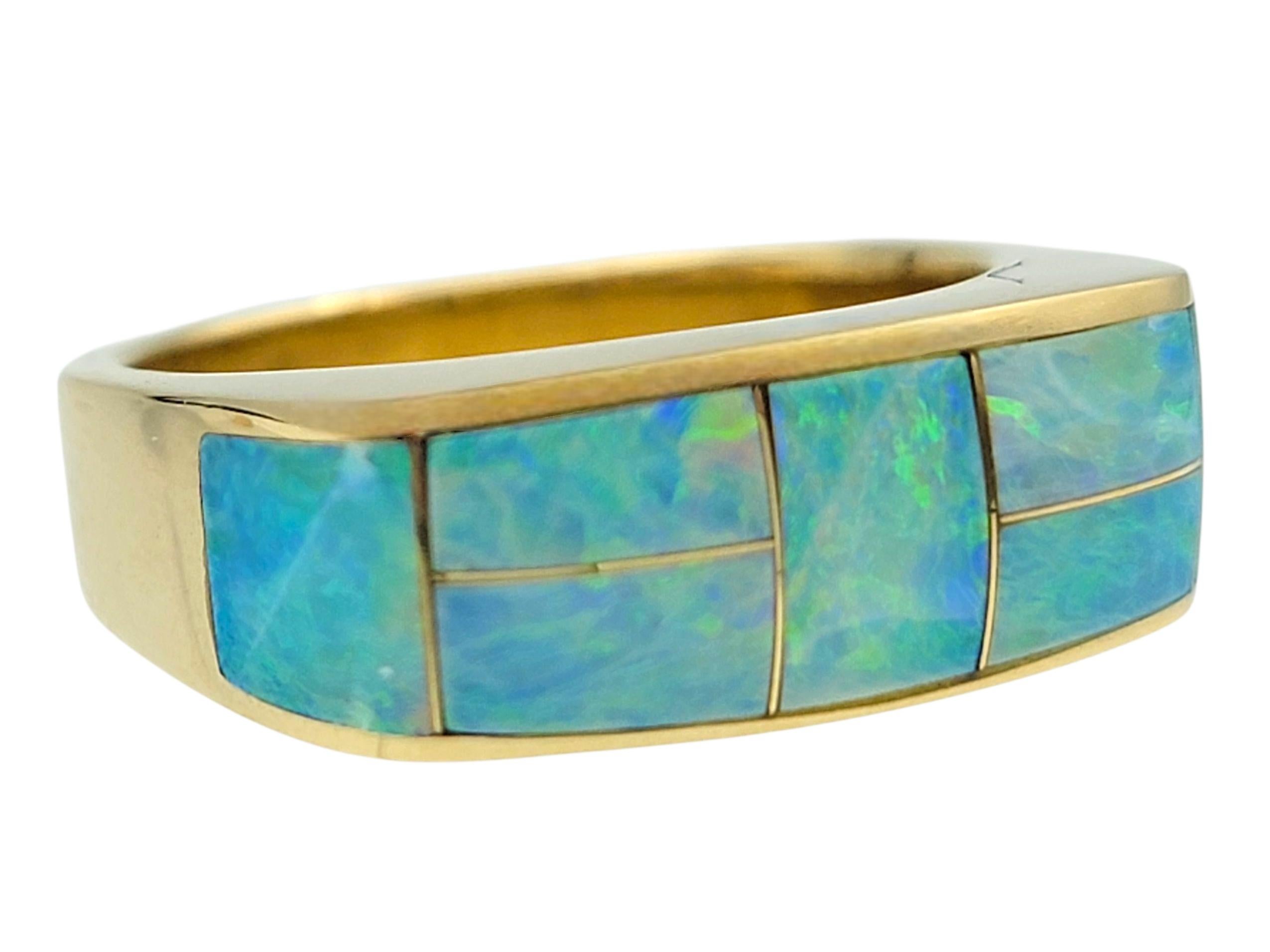 Contemporary Rectangular Cut Opal Inlay Squared Band Ring in Polished 14 Karat Yellow Gold For Sale