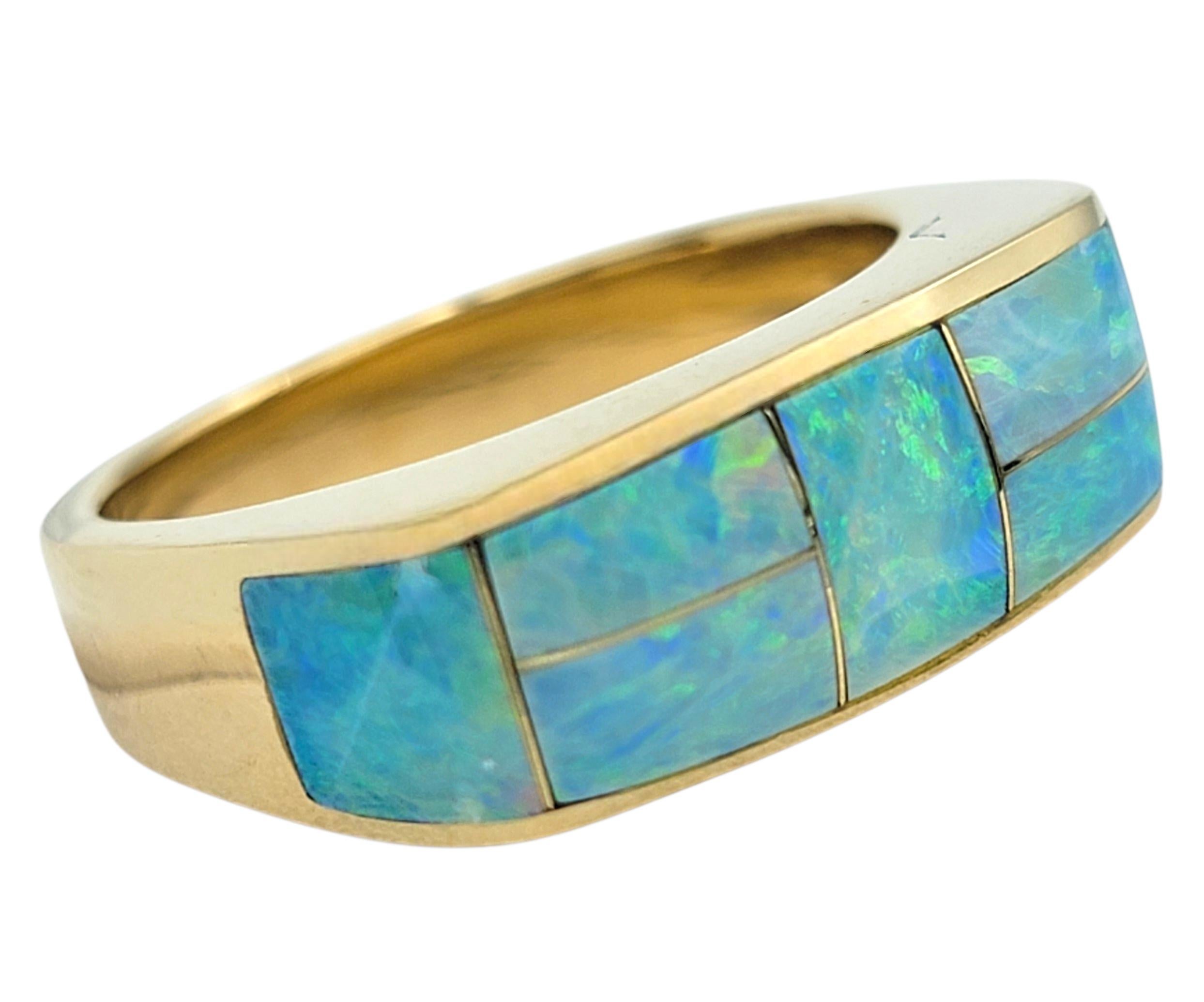 Single Cut Rectangular Cut Opal Inlay Squared Band Ring in Polished 14 Karat Yellow Gold For Sale