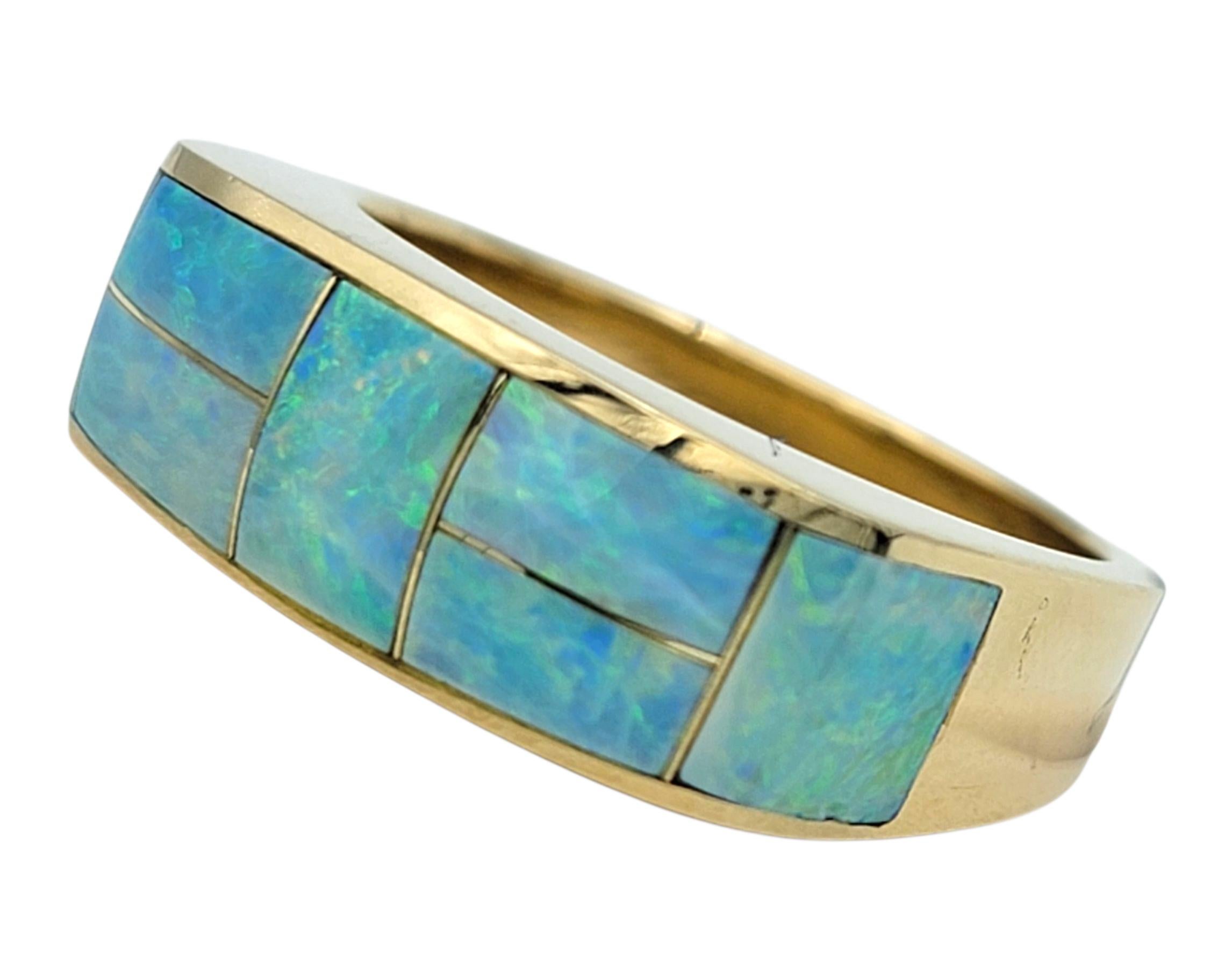 Rectangular Cut Opal Inlay Squared Band Ring in Polished 14 Karat Yellow Gold In Good Condition For Sale In Scottsdale, AZ