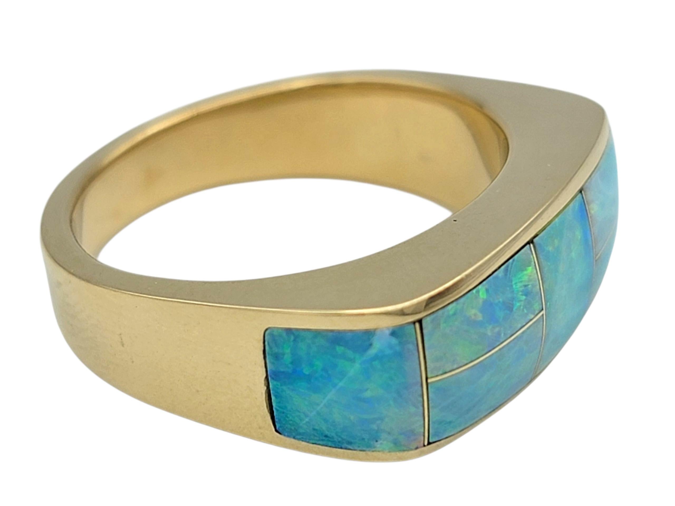 Women's or Men's Rectangular Cut Opal Inlay Squared Band Ring in Polished 14 Karat Yellow Gold For Sale