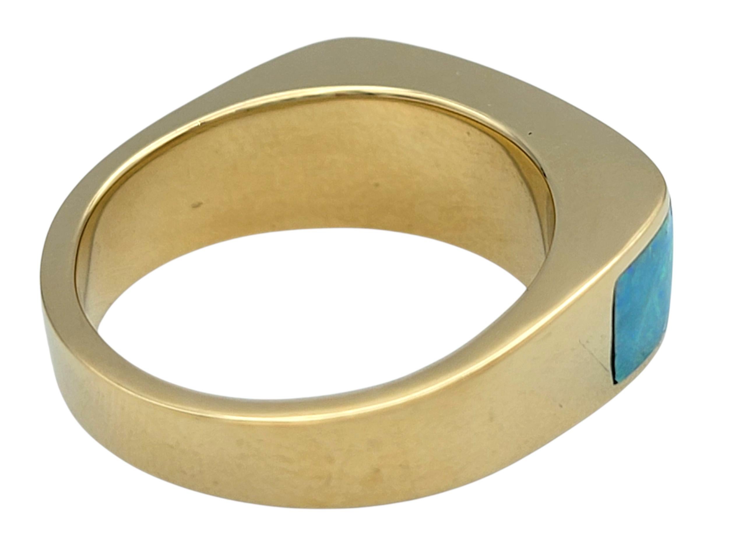 Rectangular Cut Opal Inlay Squared Band Ring in Polished 14 Karat Yellow Gold For Sale 1