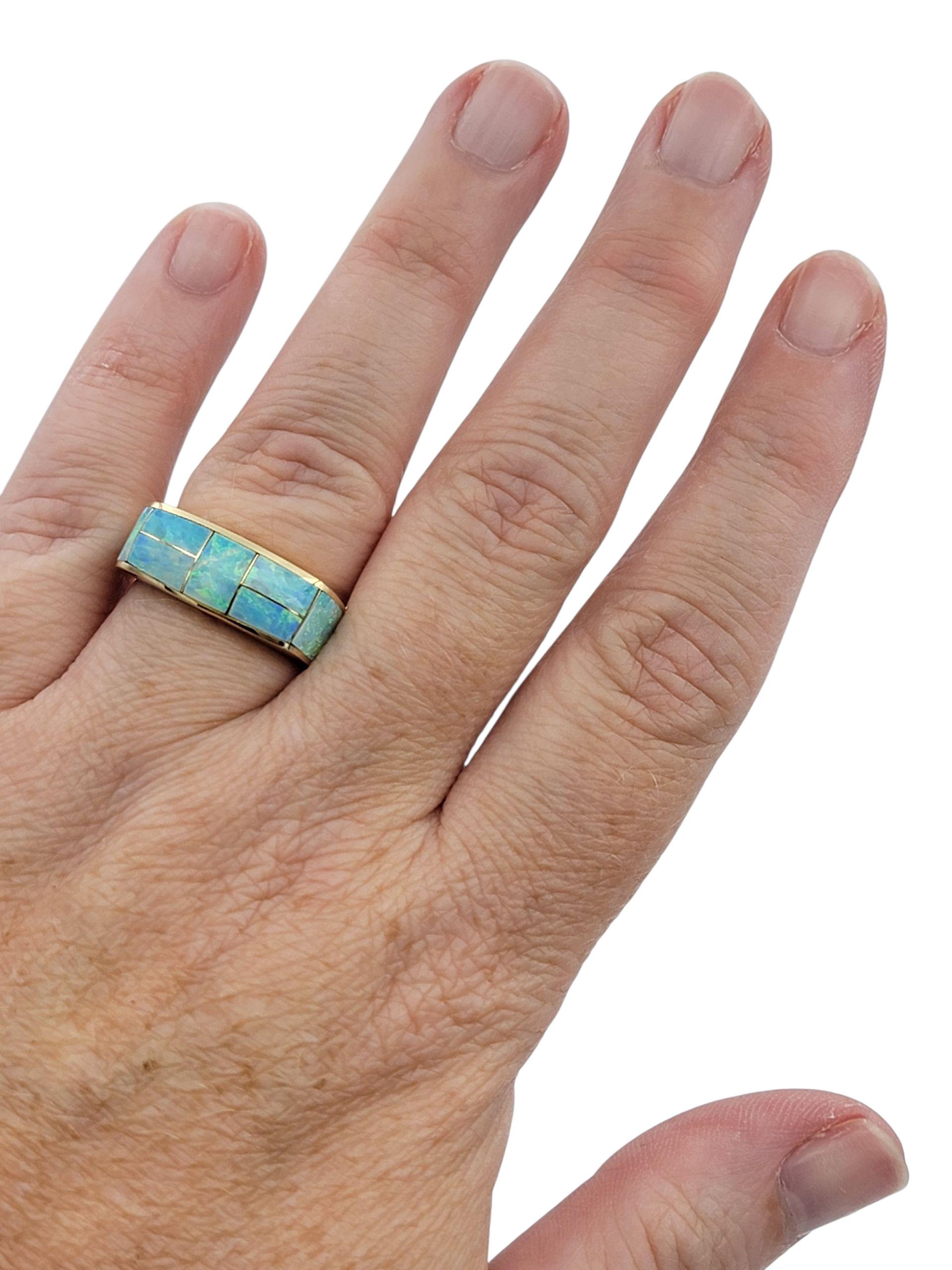 Rectangular Cut Opal Inlay Squared Band Ring in Polished 14 Karat Yellow Gold For Sale 3