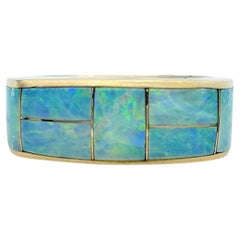 Rectangular Cut Opal Inlay Squared Band Ring in Polished 14 Karat Yellow Gold