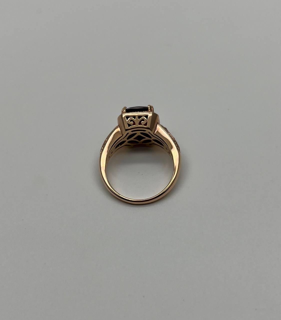 Rechteckiger dunkelroter Granat Champagner Diamant Halo Pave 14K Gold Statement-Ring im Angebot 7
