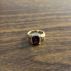 Rectangular Dark Red Garnet Champagne Diamond Halo Pave 14K Gold Statement Ring