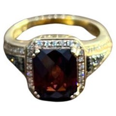 Rectangular Dark Red Garnet Champagne Diamond Halo Pave 14K Gold Statement Ring