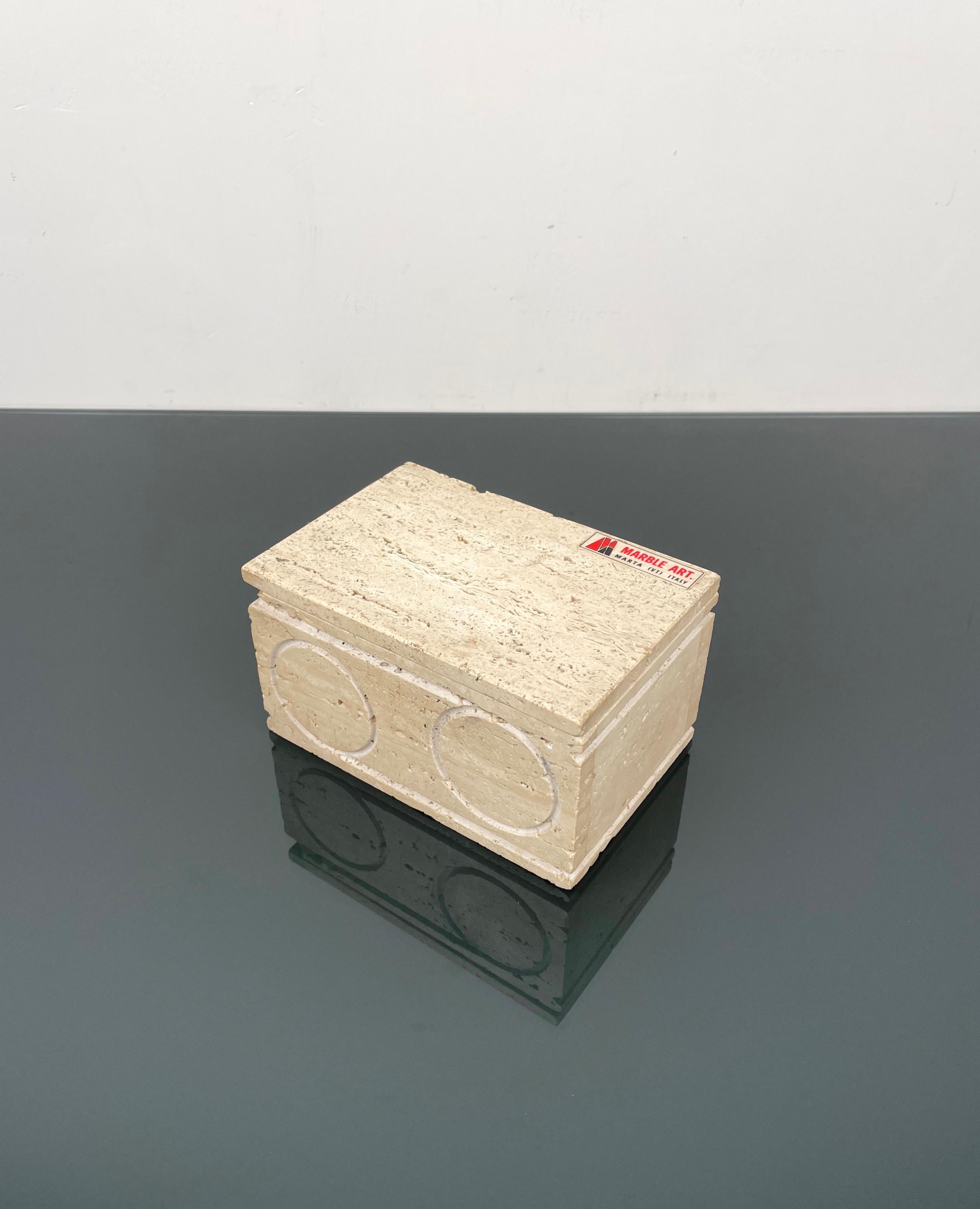 Caja rectangular decorativa en travertino y corcho de Marble Art, Italia, años 70 Moderno de mediados de siglo en venta