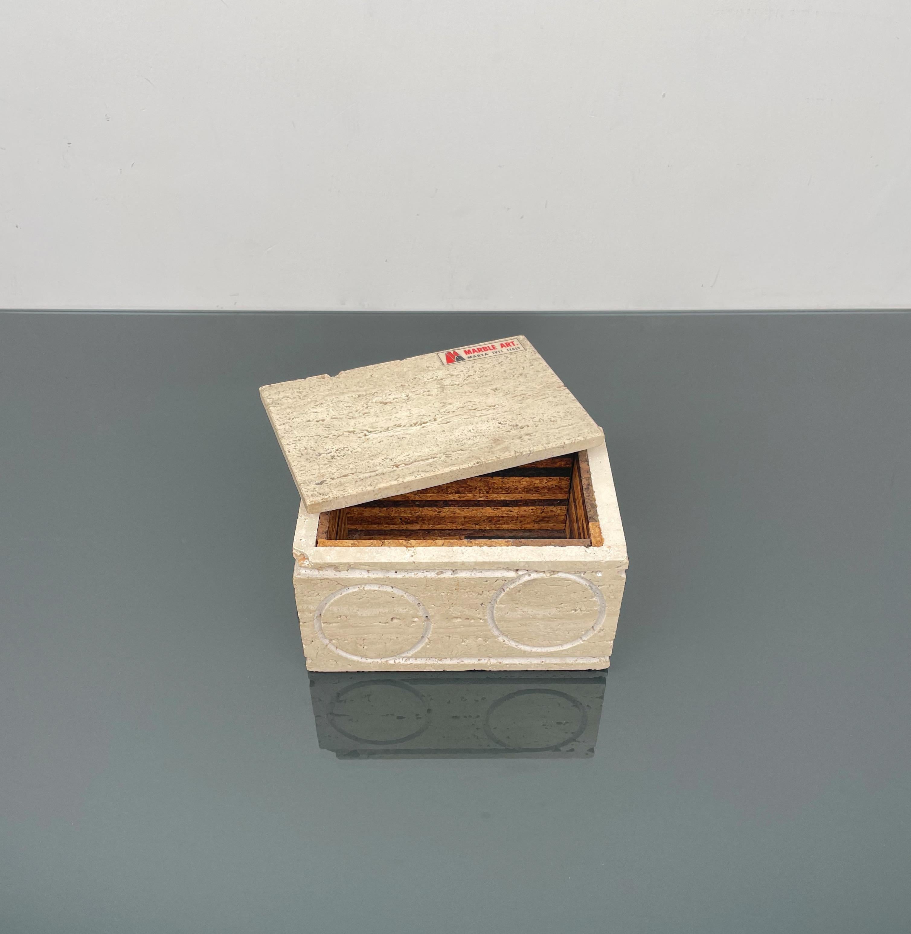 Caja rectangular decorativa en travertino y corcho de Marble Art, Italia, años 70 en venta 1