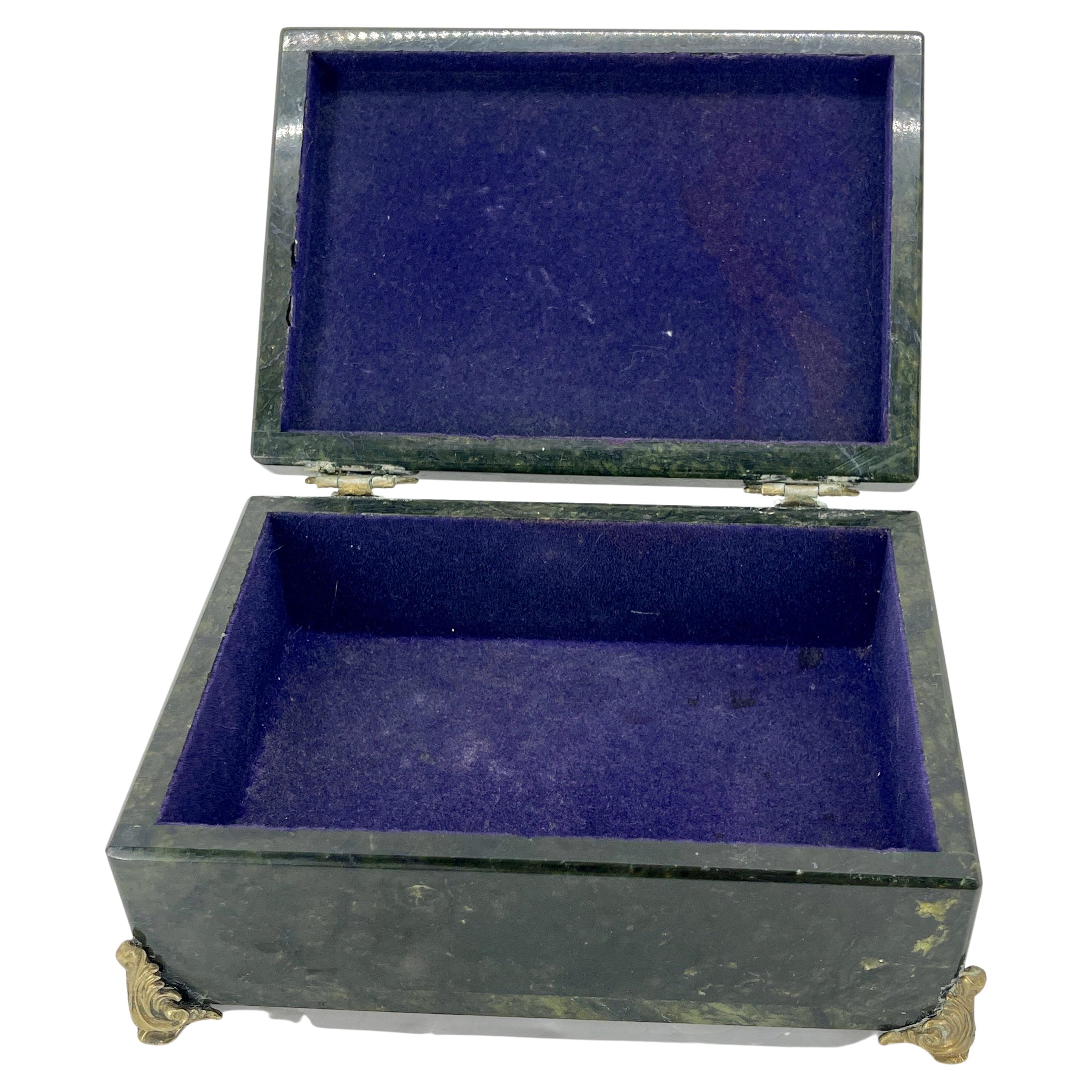 Rectangular Deep Forrest Green Marble and Bronze Jewelry Box, Italian circa 1930 For Sale 4