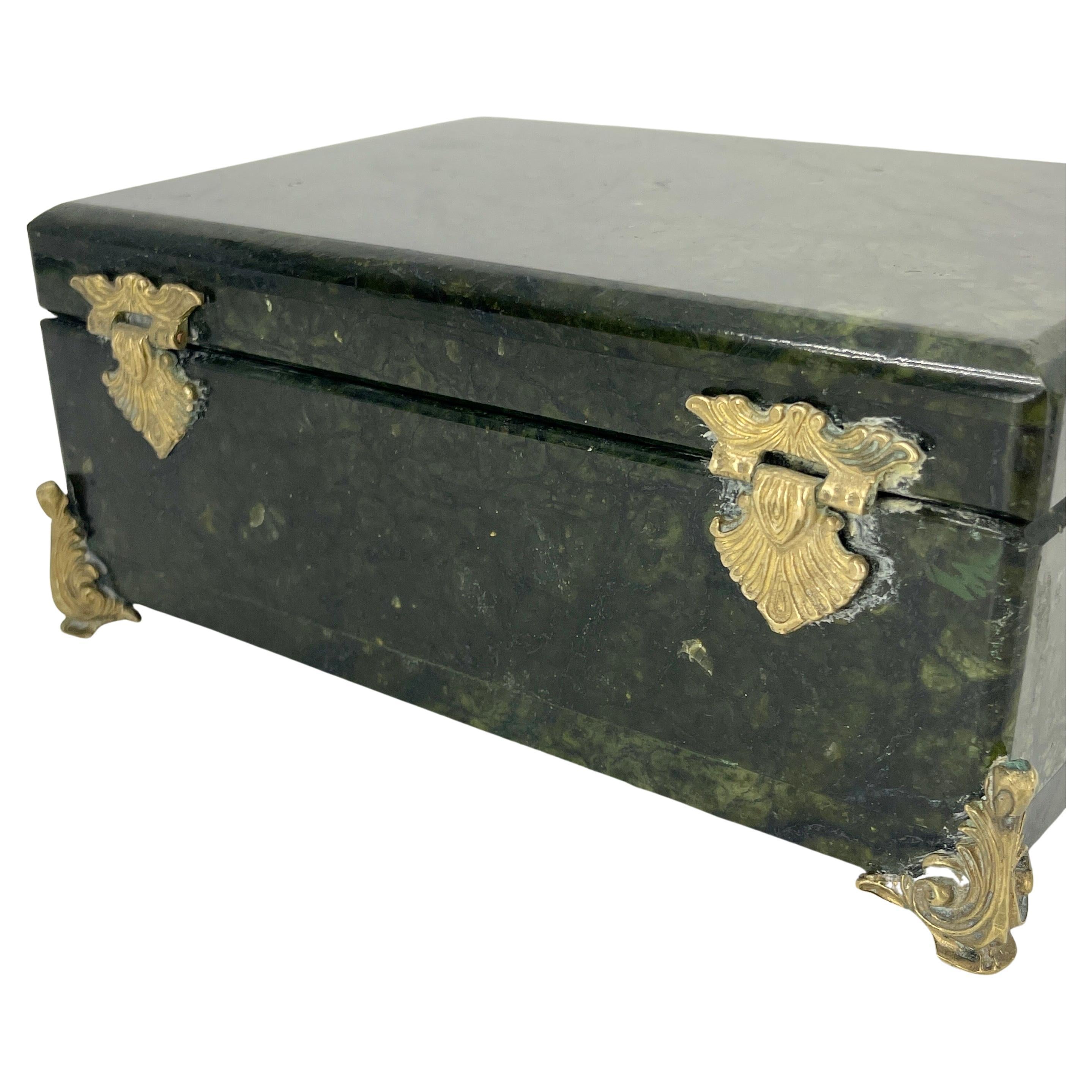 Empire Rectangular Deep Forrest Green Marble and Bronze Jewelry Box, Italian circa 1930 For Sale