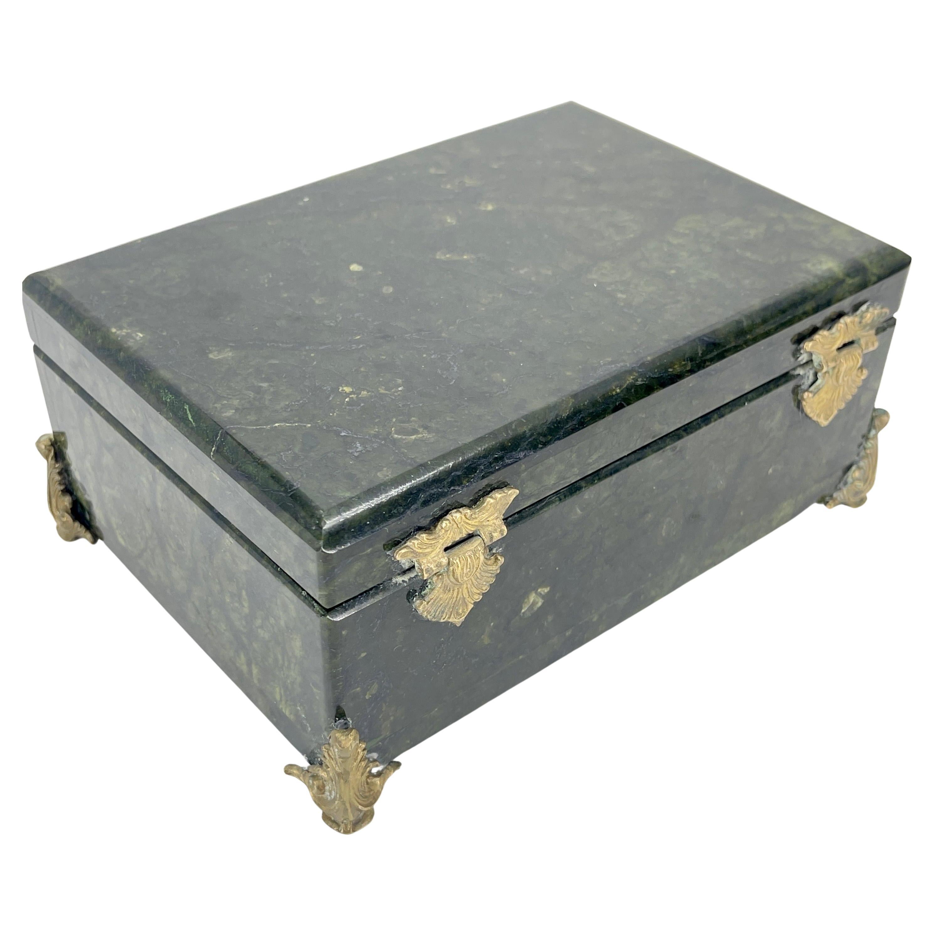 20th Century Rectangular Deep Forrest Green Marble and Bronze Jewelry Box, Italian circa 1930 For Sale