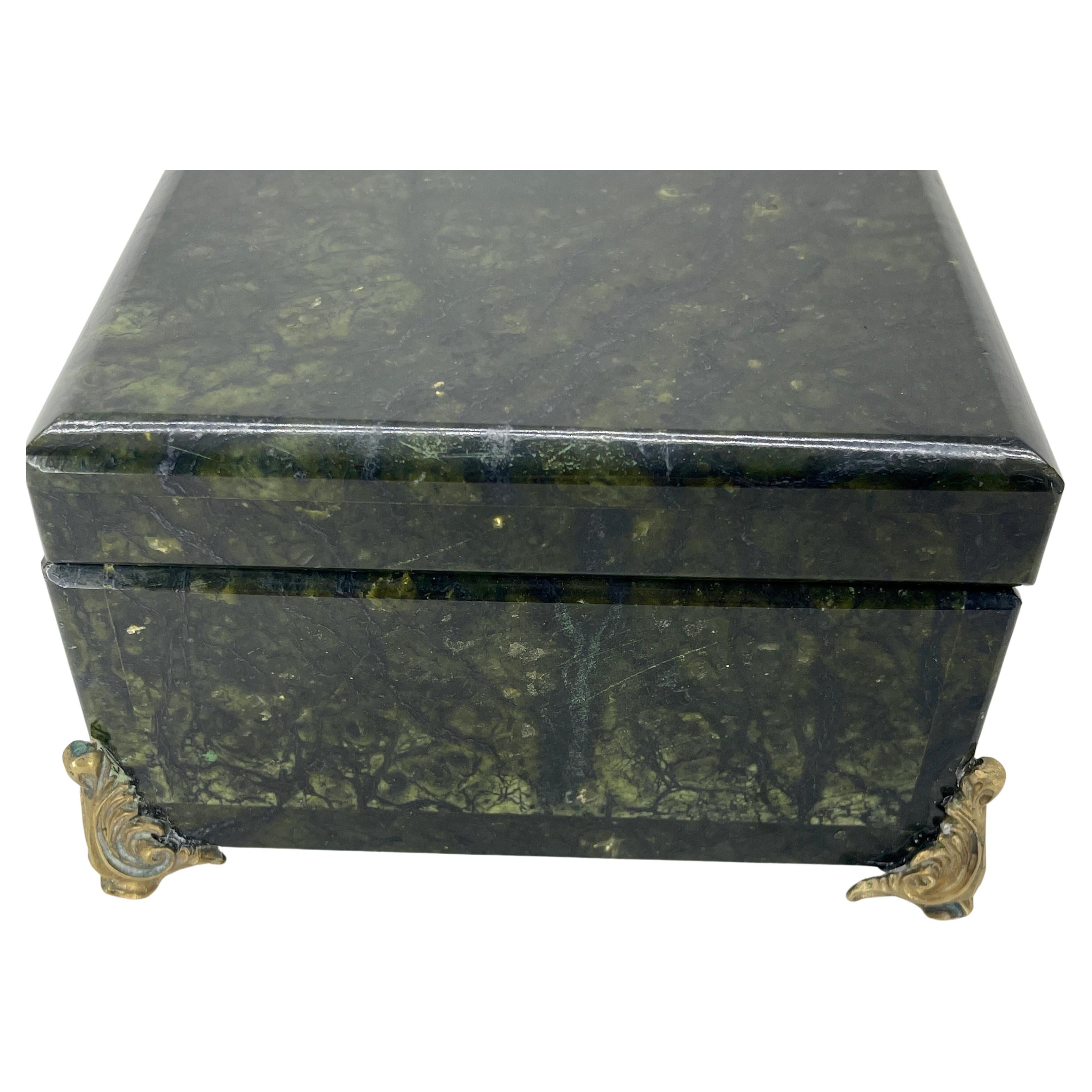 Rectangular Deep Forrest Green Marble and Bronze Jewelry Box, Italian circa 1930 For Sale 1