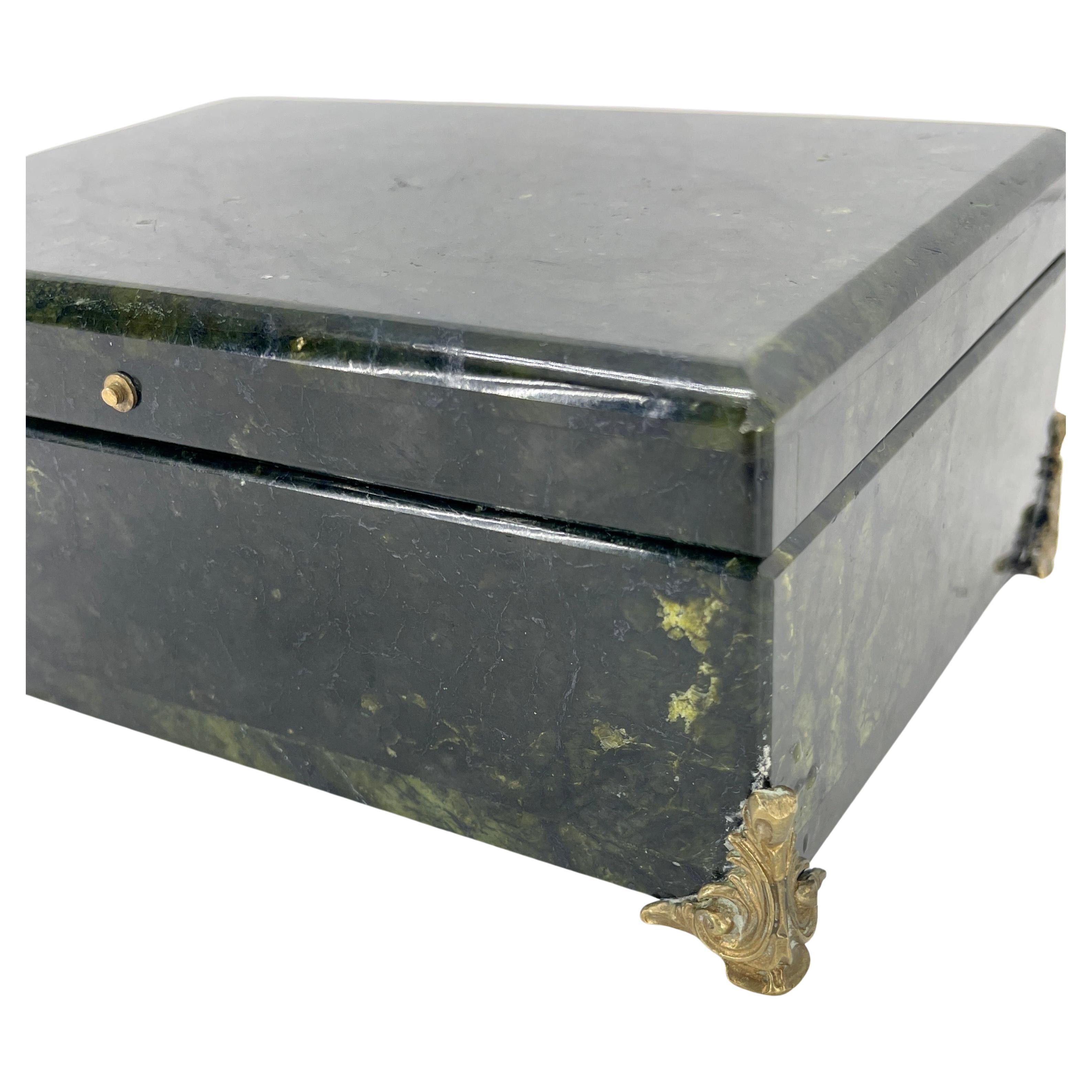 Rectangular Deep Forrest Green Marble and Bronze Jewelry Box, Italian circa 1930 For Sale 3