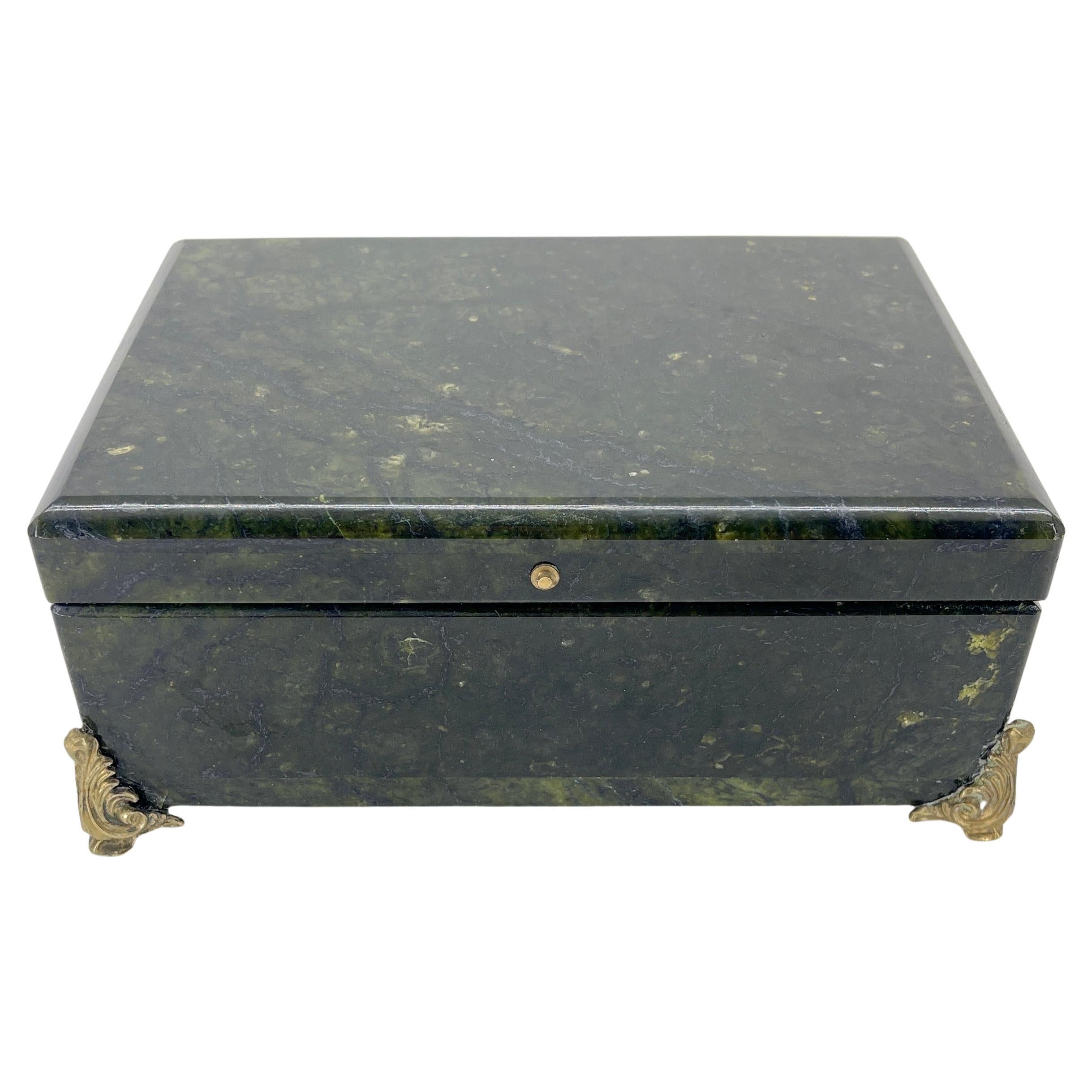 Rectangular Deep Forrest Green Marble and Bronze Jewelry Box, Italian circa 1930 For Sale