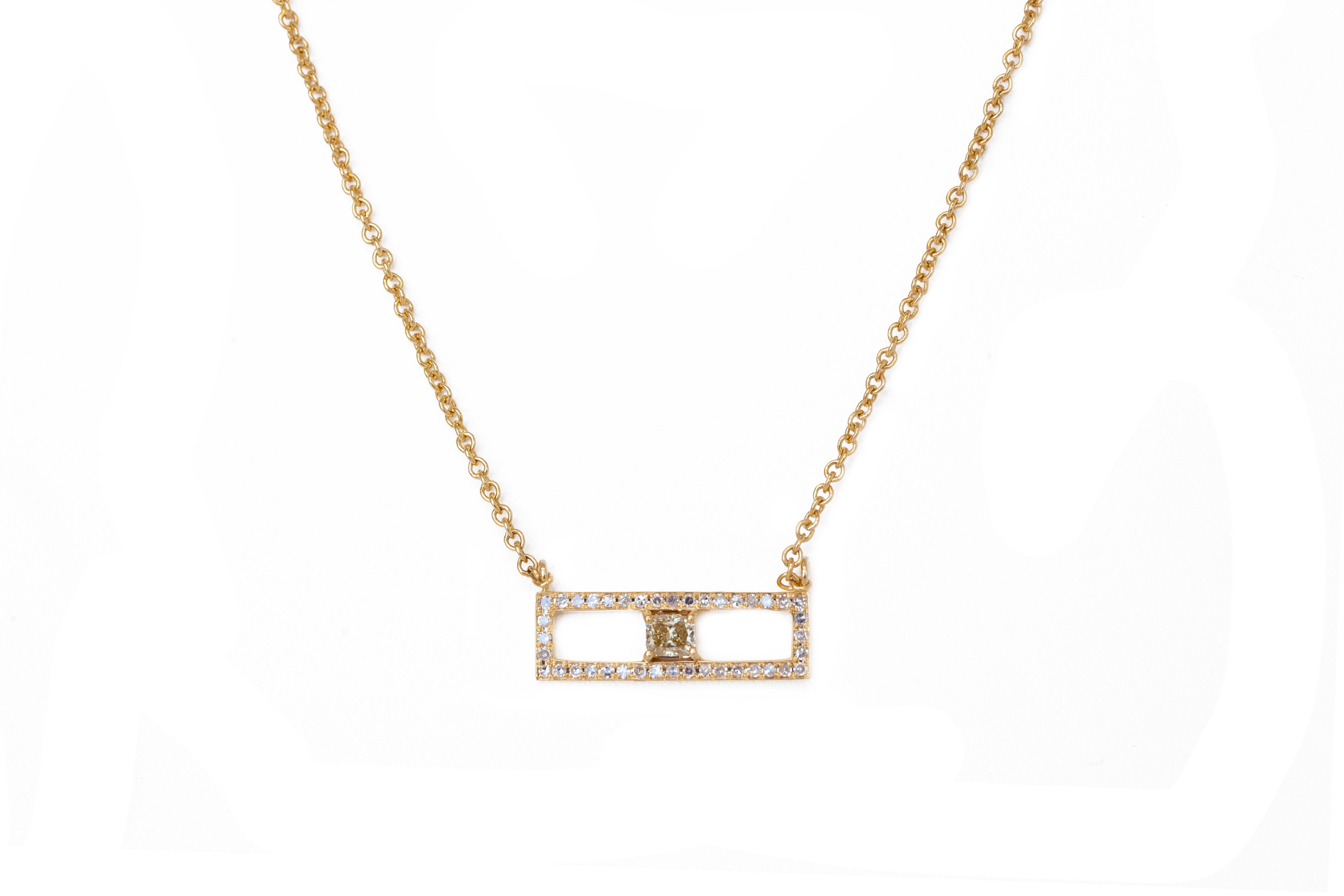Rectangular diamond bar necklace with fancy yellow colored diamond in 18k yellow gold. 
